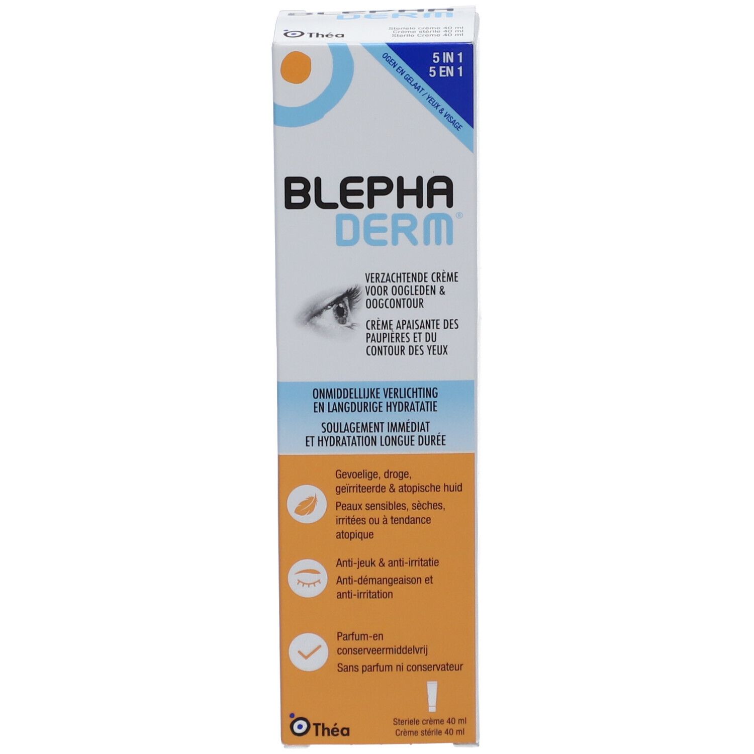 BLEPHA DERM Schachtel. Weiße Schachtel mit blau-orangem Design. Aufschrift: BLEPHA DERM. Text und Illustrationen.