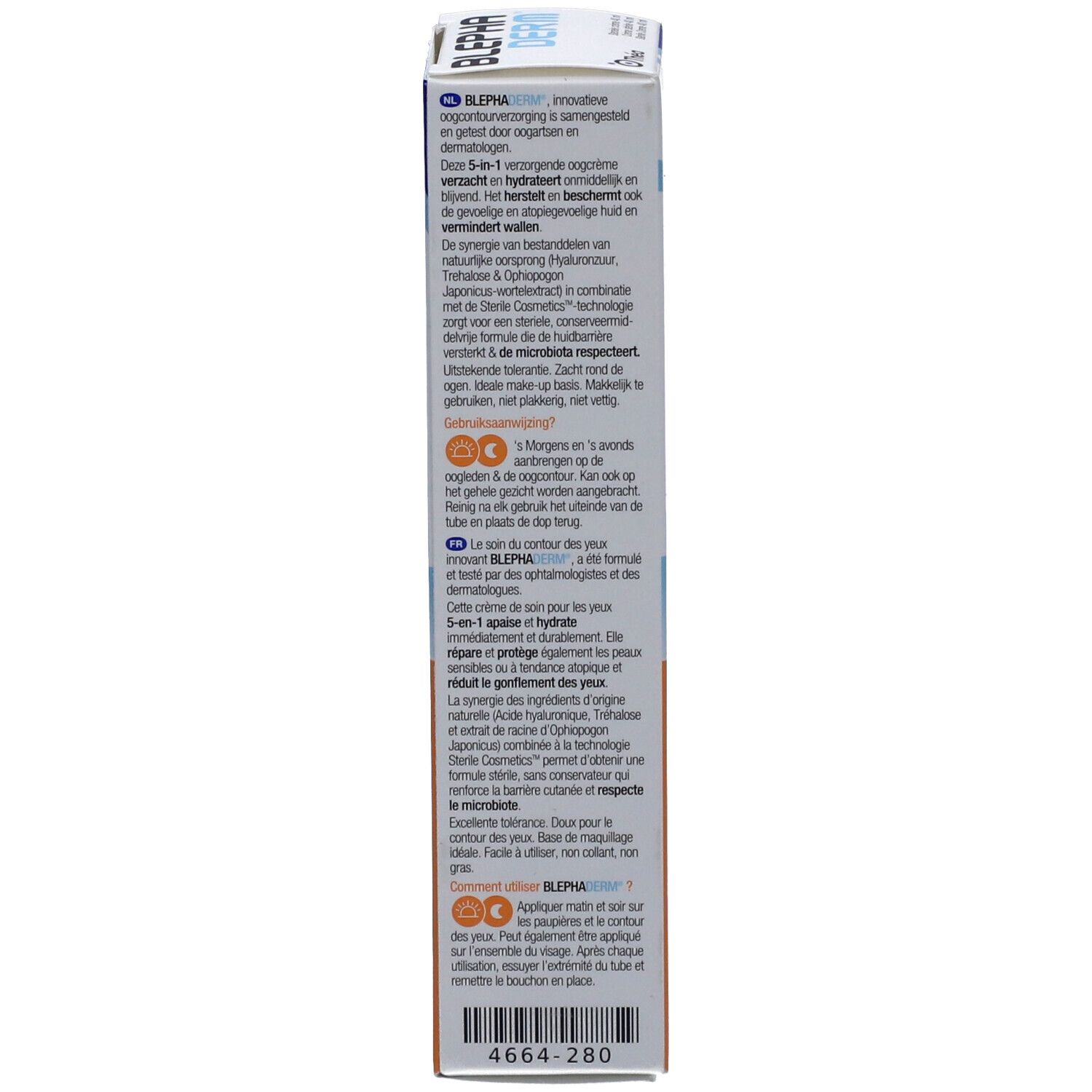 Rückseite der BLEPHA DERM Schachtel. Text in mehreren Sprachen. Weiße Schachtel mit blau-orangem Design.