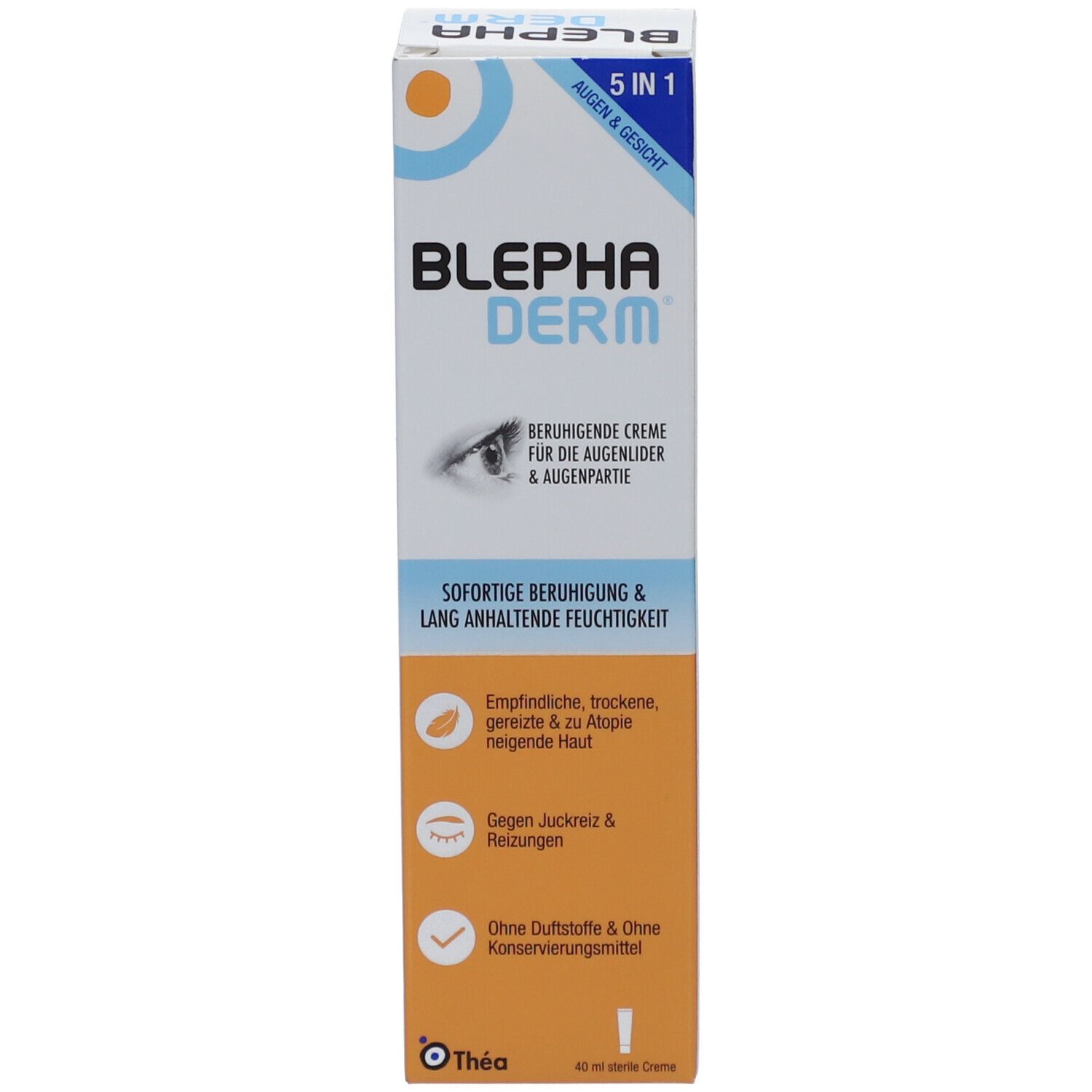 BLEPHA DERM Schachtel. Weiße Schachtel mit blau-orangem Design. Aufschrift: BLEPHA DERM. Text und Illustrationen.