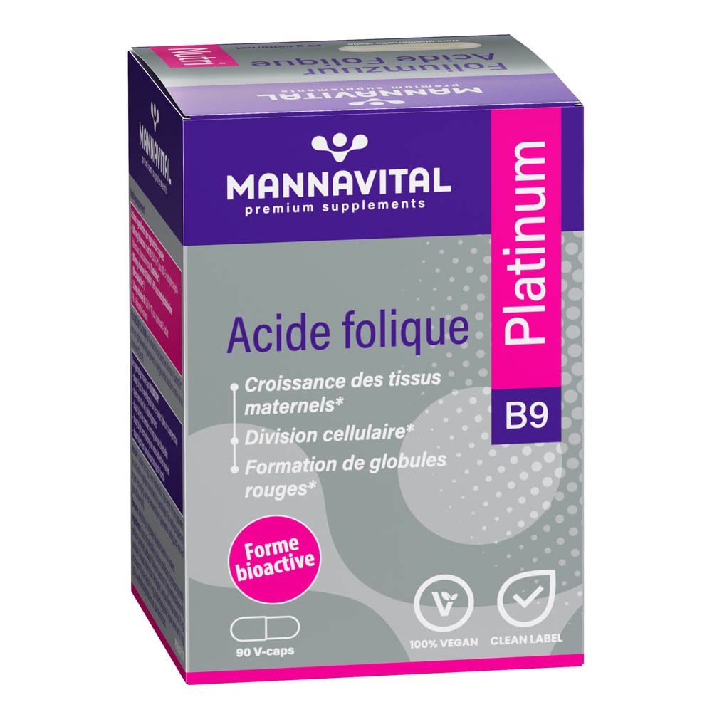 Emballage. Inscription : Mannavital, Acide folique, Platinum, B9. 90 V-caps. Vegan.