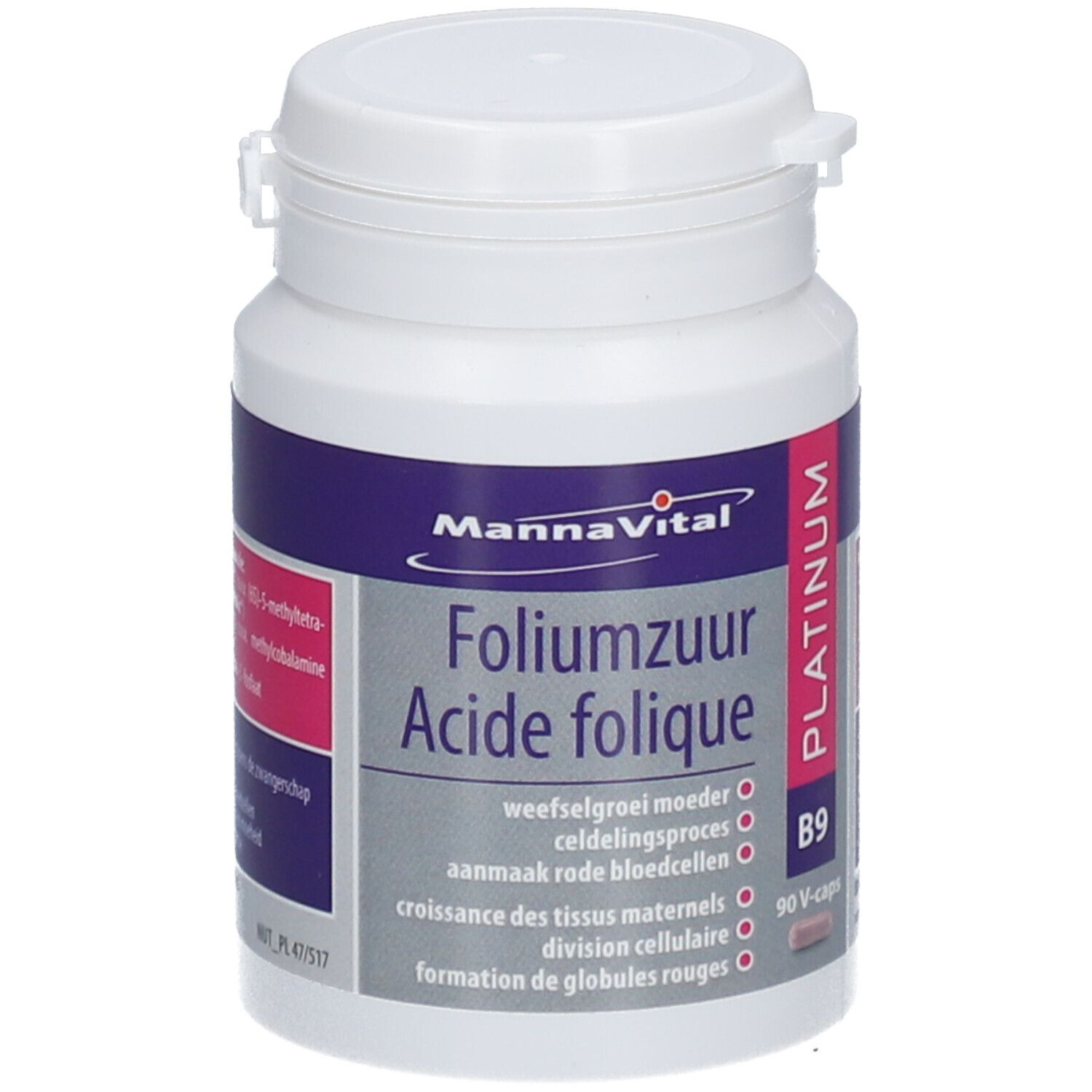 Flacon blanc avec capsules. Inscription : Mannavital, Acide folique Platinum, B9. 90 V-caps. Ingrédients actifs.