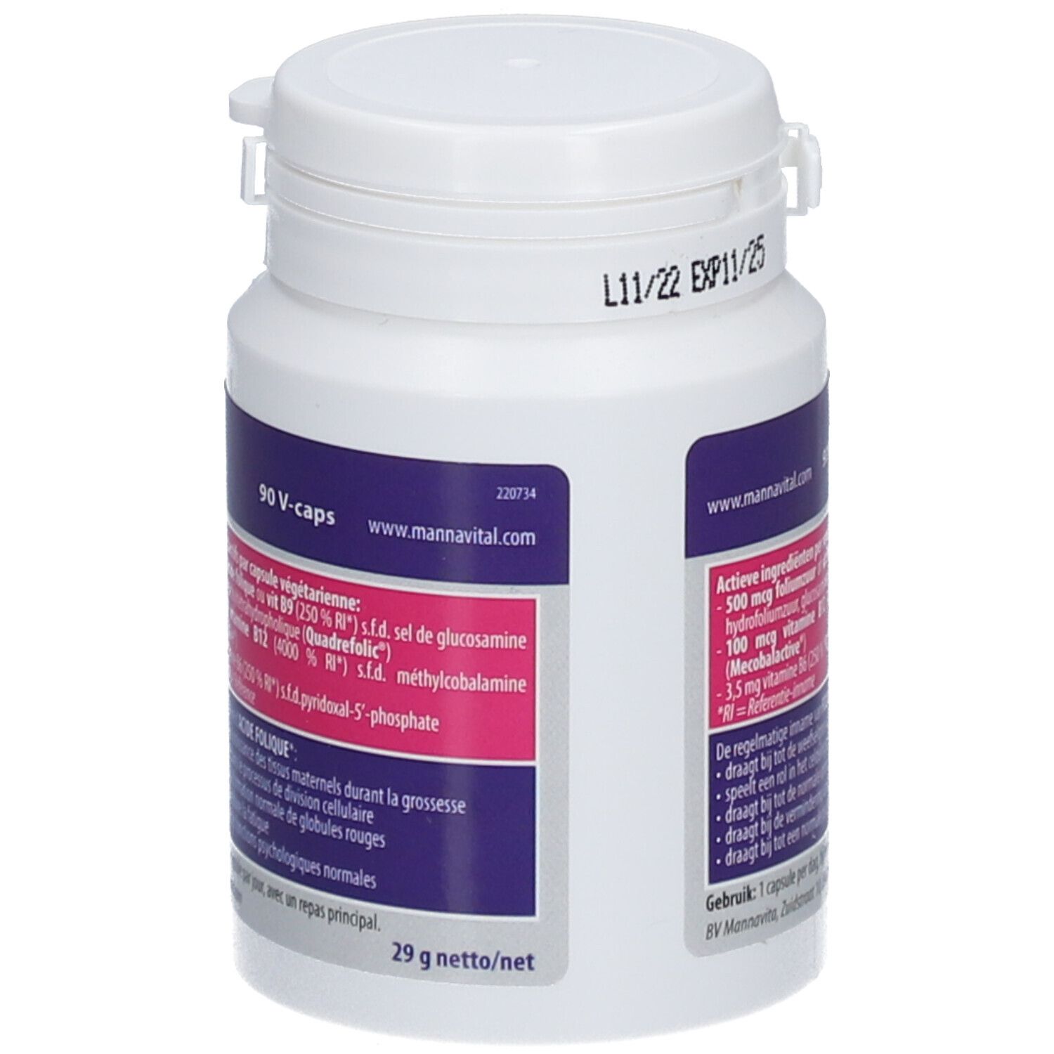Flacon blanc avec capsules. Inscription : Mannavital, Acide folique Platinum, B9. 90 V-caps. Poids net 29 g.