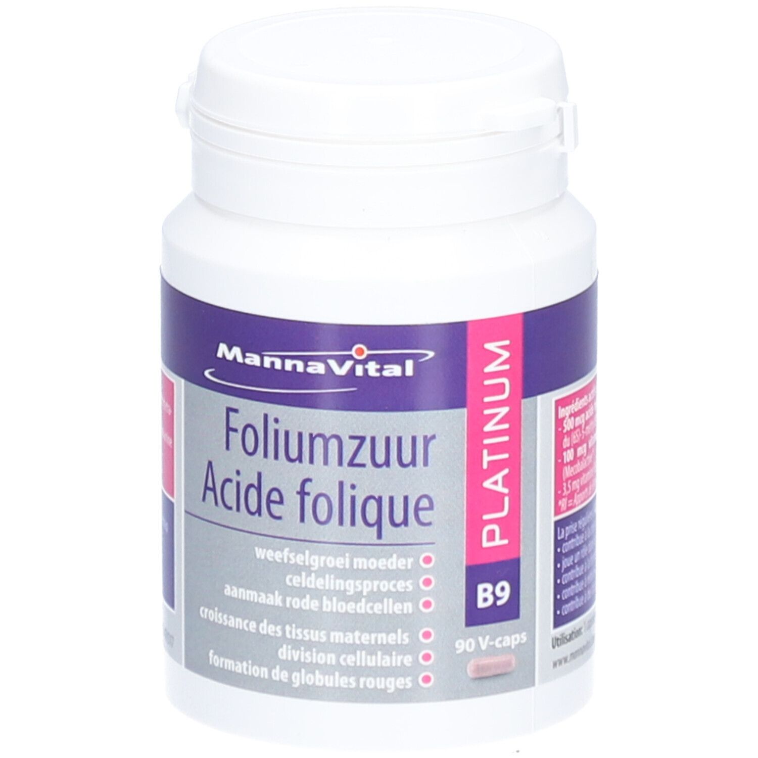 Flacon blanc avec capsules. Inscription : Mannavital, Acide folique Platinum, B9. 90 V-caps.