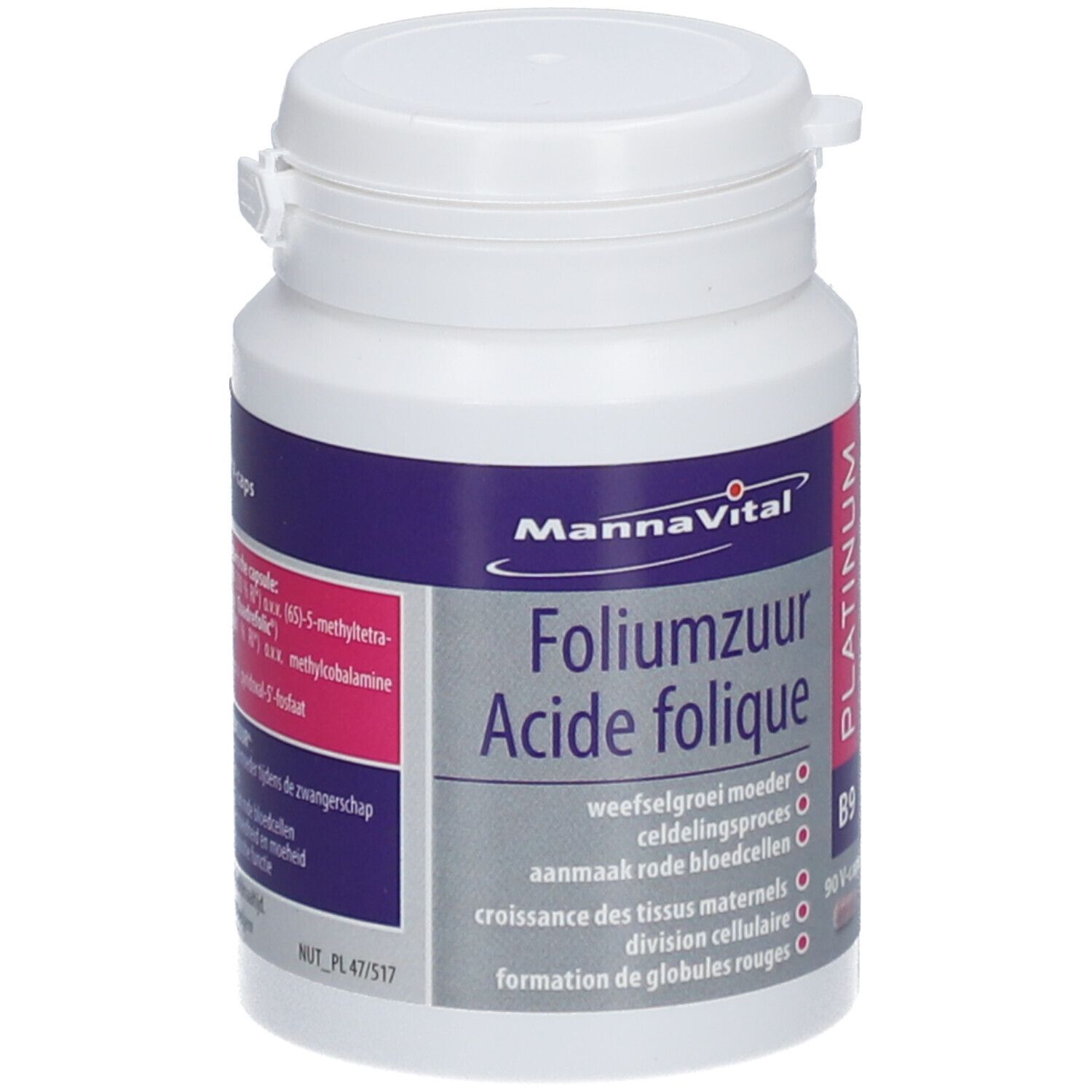 Flacon blanc avec capsules. Inscription : Mannavital, Acide folique Platinum, B9. 90 V-caps.