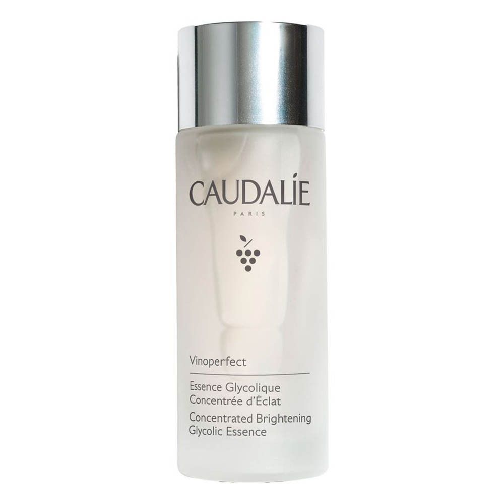 Flacon cylindrique à bouchon argenté. Inscription Caudalie, dessous Vinoperfect Essence Glycolique.