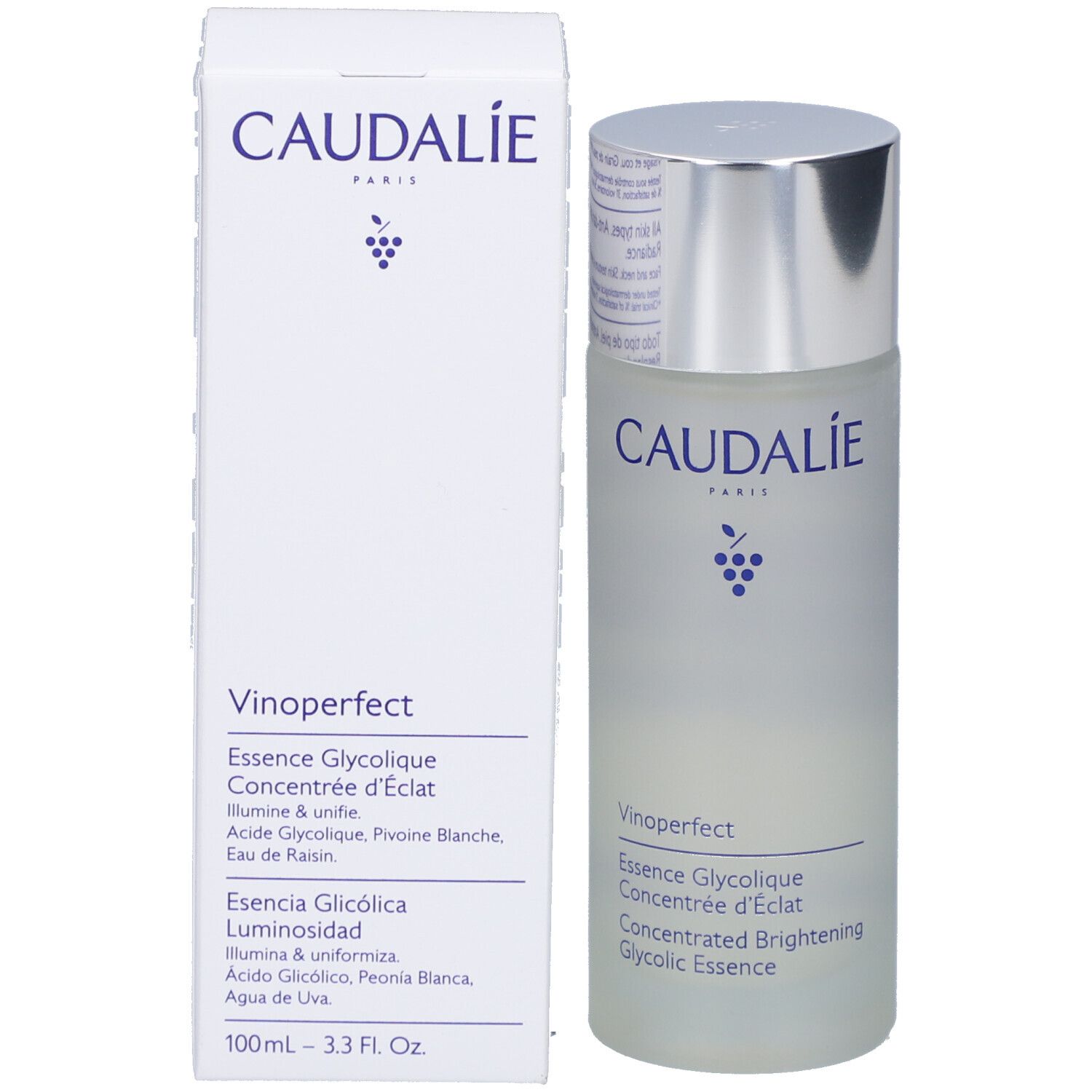 Produktflasche und Verpackung. Aufschrift Caudalie, Vinoperfect Essence Glycolique. Verpackung: weiß mit blauer Schrift.