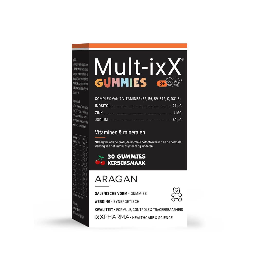 Mult-ixX Gummies Packung. Enthält 30 Gummies. Enthält Vitamine und Mineralien. Marke ARAGAN. 3+.
