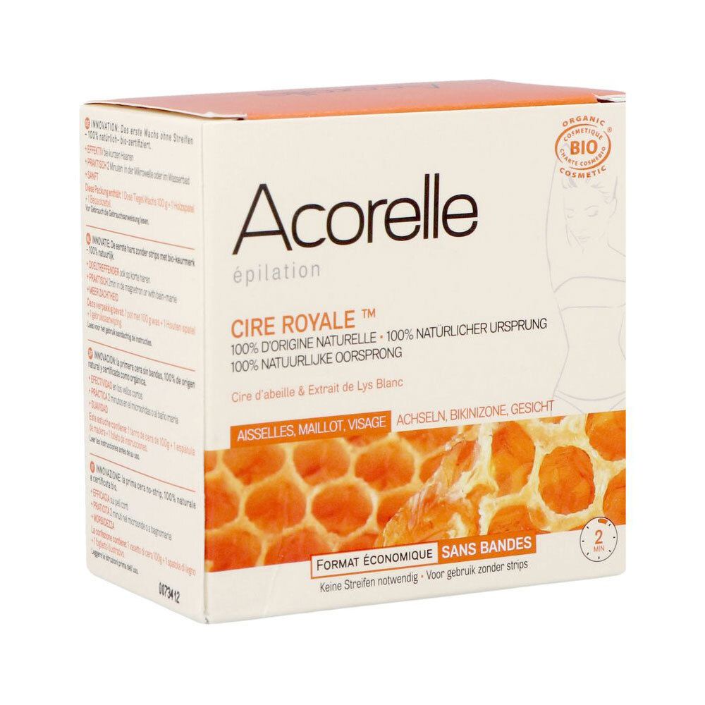 Boîte Acorelle Cire Royale Épilation avec motif alvéole et label BIO. Vue latérale avec informations textuelles.