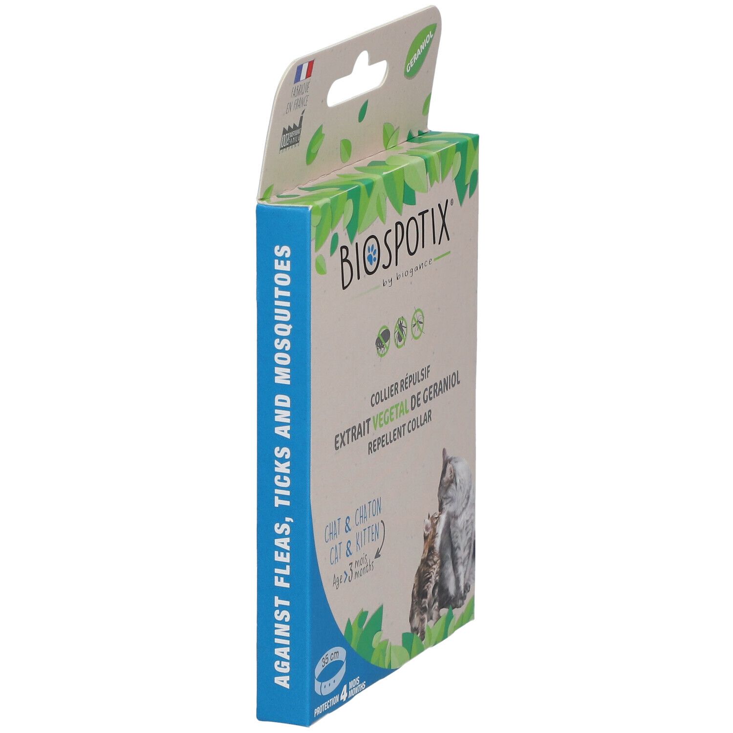 BIOSPOTIX Collier Répulsif Verpackung, Seitenansicht. Text: Extrait Végétal de Géraniol, Chat & Chaton. Gegen Flöhe, Zecken und Moskitos.