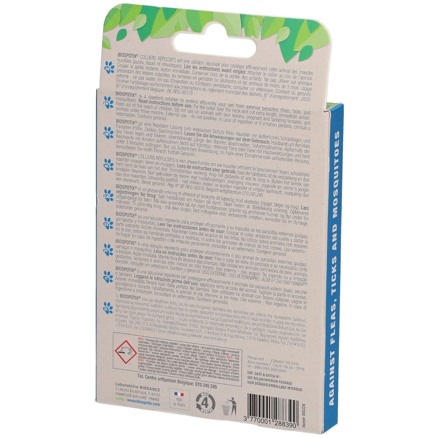 Rückseite der BIOSPOTIX Collier Répulsif Verpackung. Text in mehreren Sprachen. Warnhinweise und Informationen.