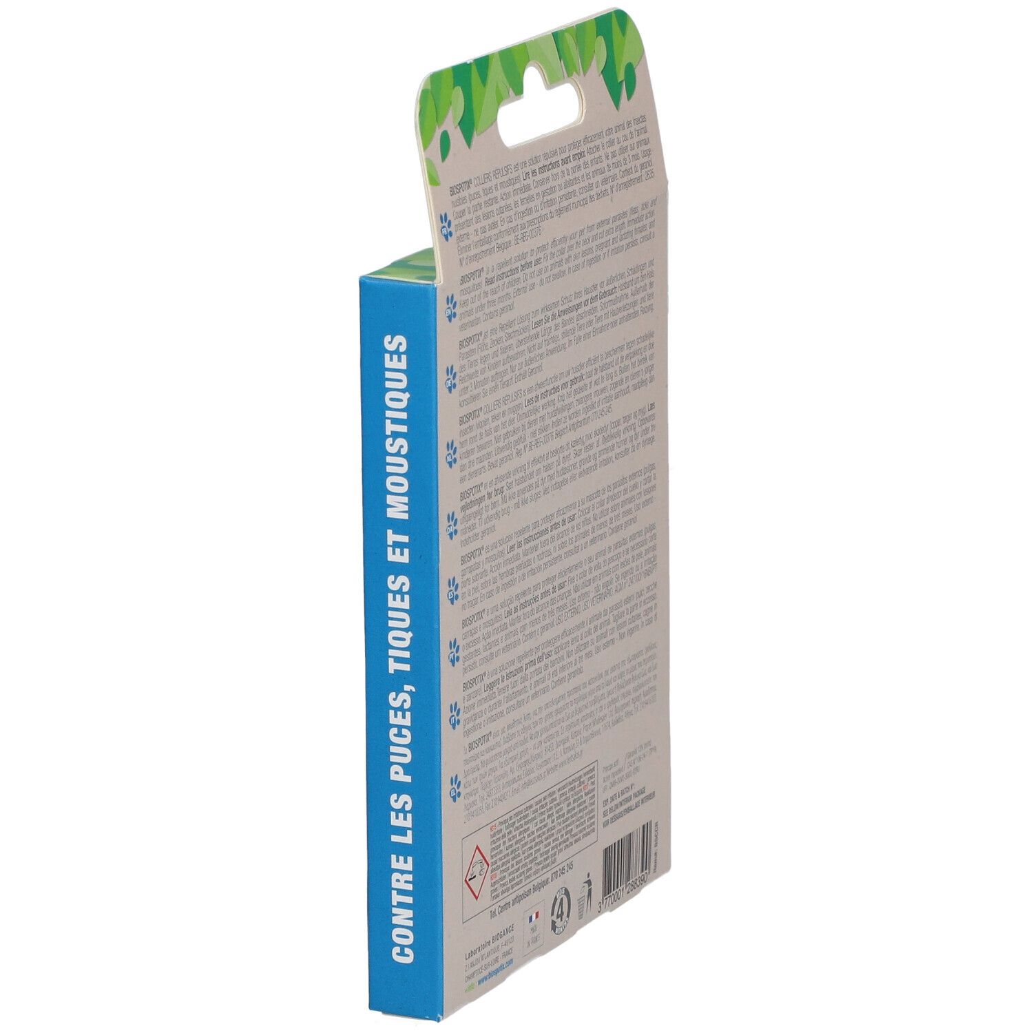 Seitenansicht der BIOSPOTIX Collier Répulsif Verpackung. Text: Gegen Flöhe, Zecken und Moskitos. Warnhinweise.