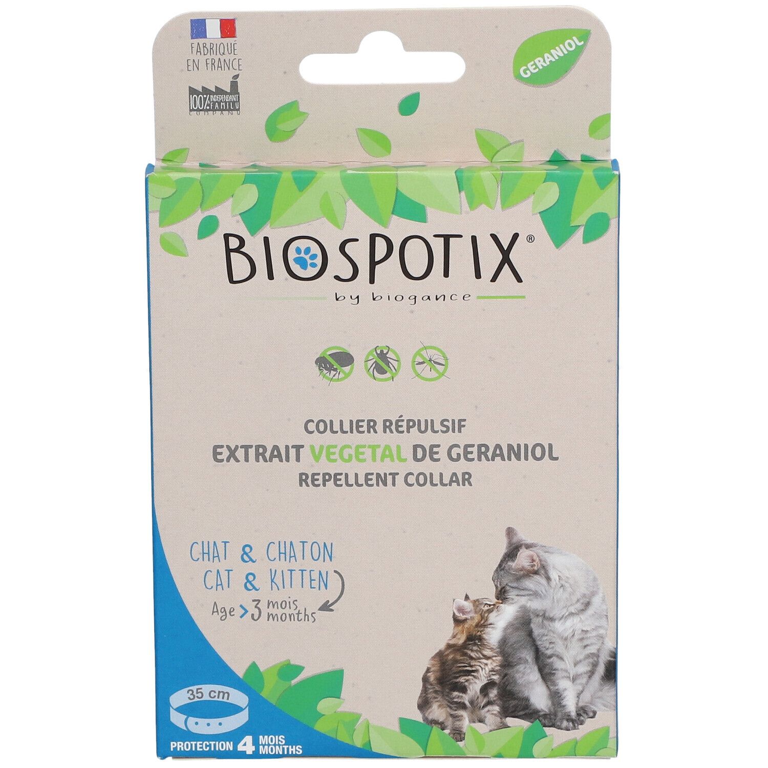 BIOSPOTIX Collier Répulsif Verpackung. Text: Extrait Végétal de Géraniol, Chat & Chaton. Abbildung: Katze und Kätzchen.