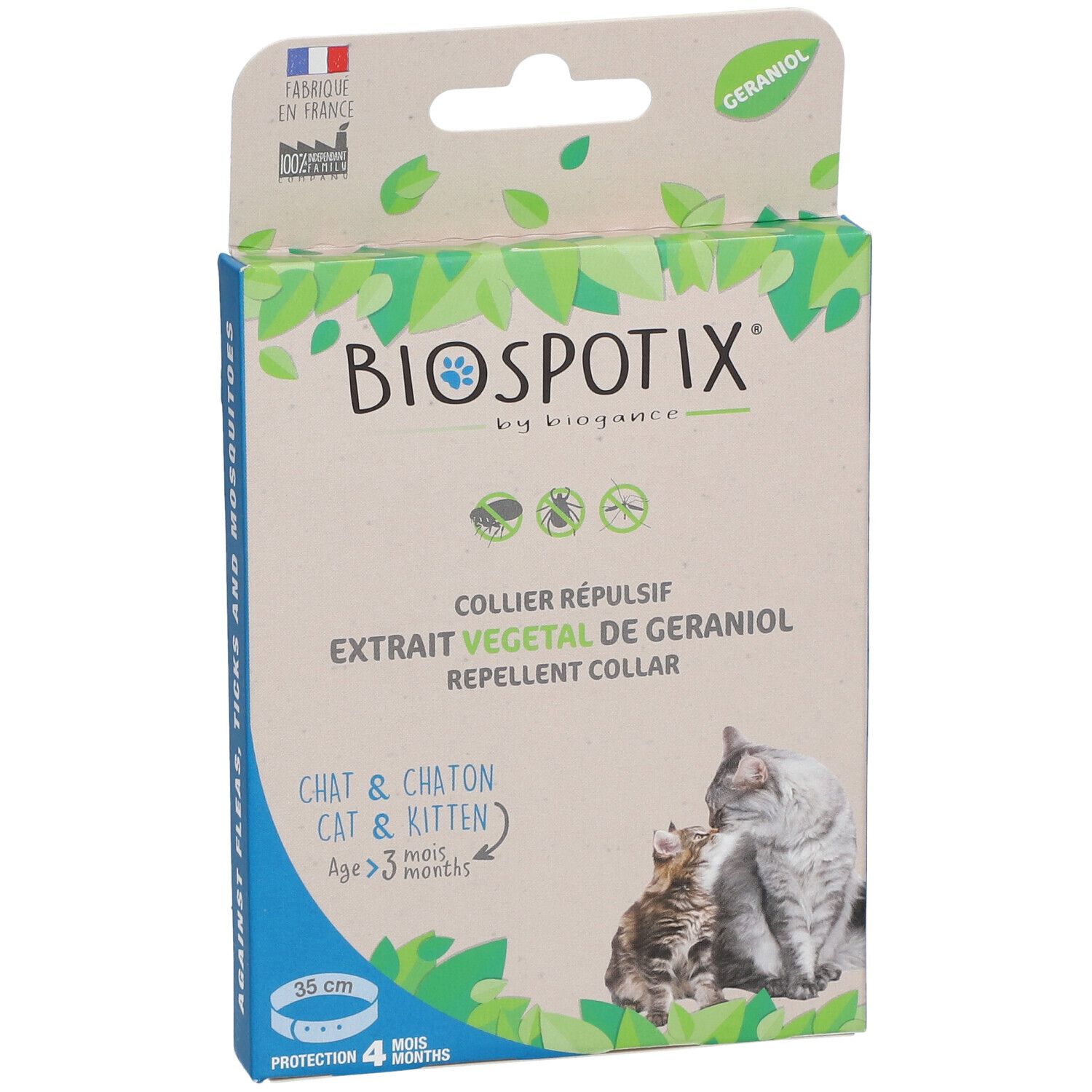 BIOSPOTIX Collier Répulsif Verpackung. Text: Extrait Végétal de Géraniol, Chat & Chaton. Abbildung: Katze und Kätzchen.