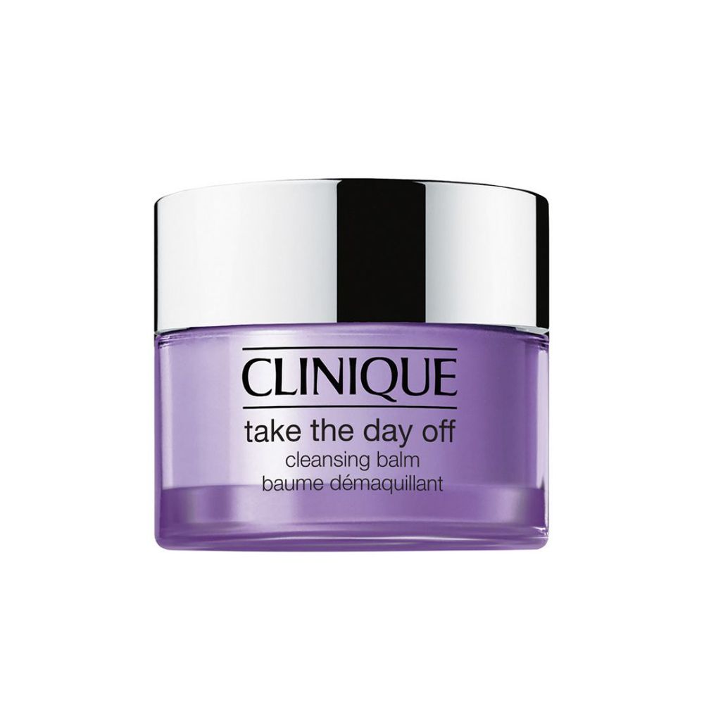 Pot violet avec couvercle argenté. Inscription : CLINIQUE, Take the Day Off, cleansing balm, Baume démaquillant.