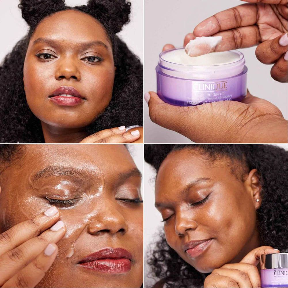 Quatre images montrent une personne utilisant le produit. Produit : CLINIQUE Take the Day Off.