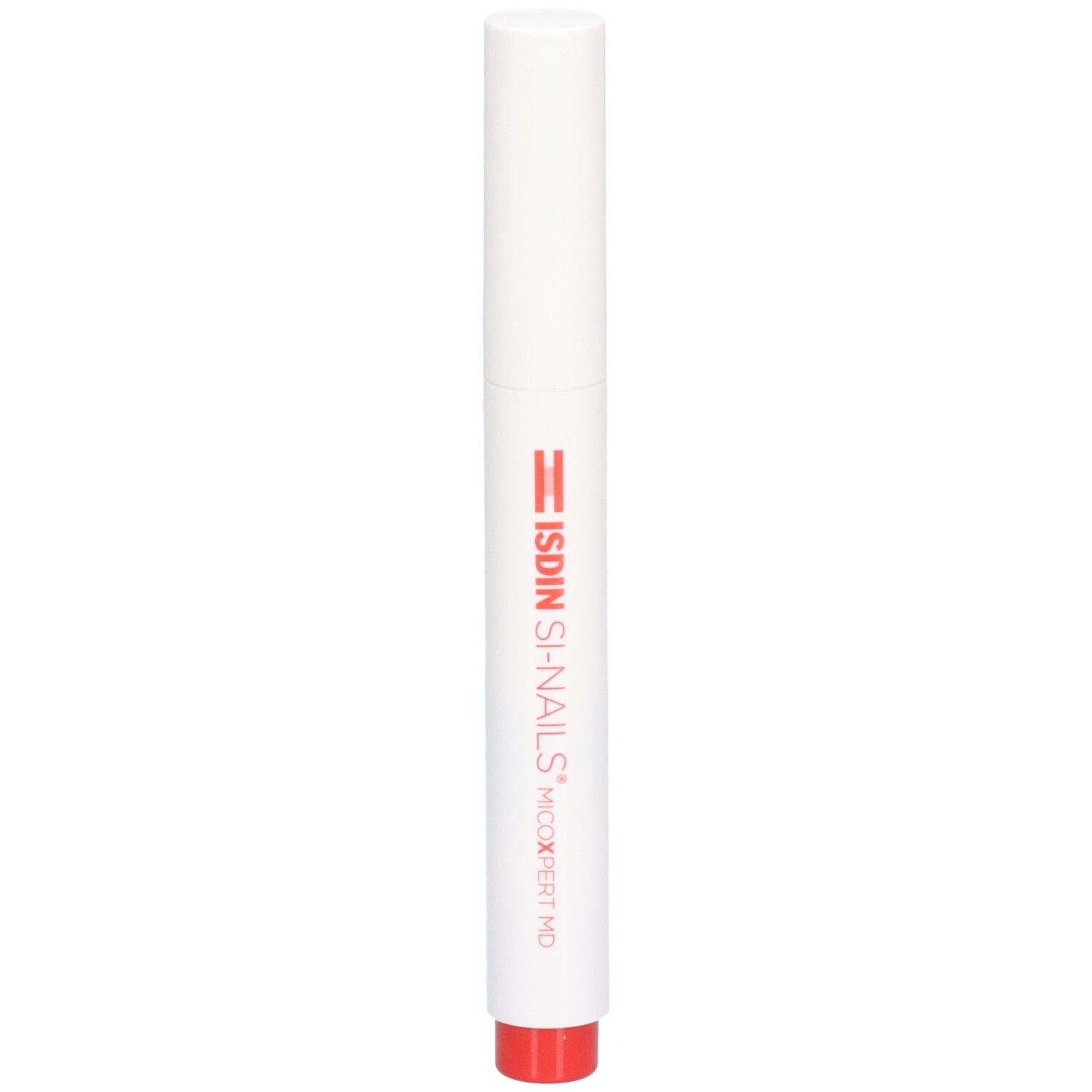 Weißer Stift mit roter Spitze. Aufschrift: ISDIN Si-Nails MicoXpert MD.