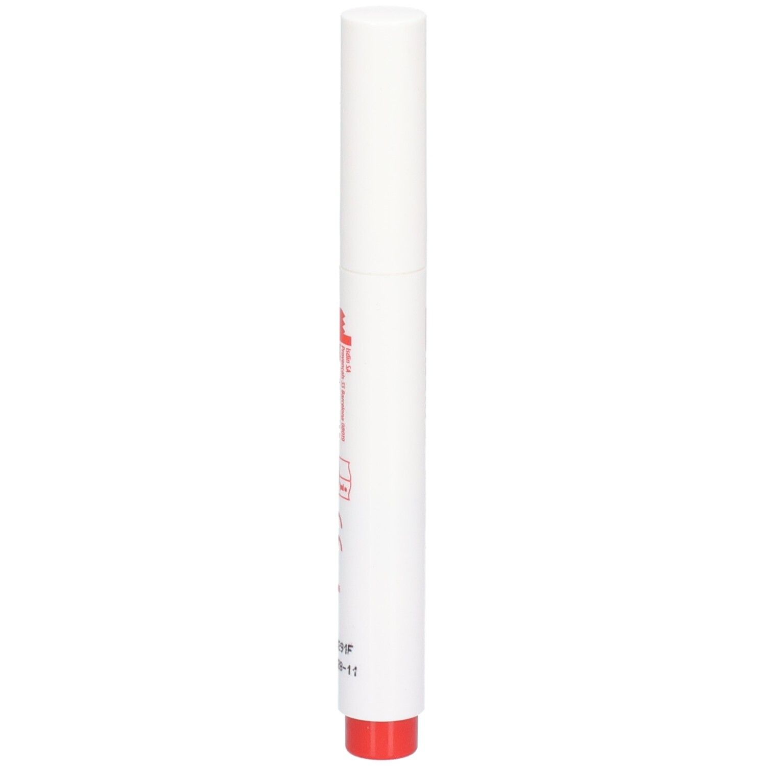 Weißer Stift mit roter Spitze. Aufschrift und weitere Informationen.