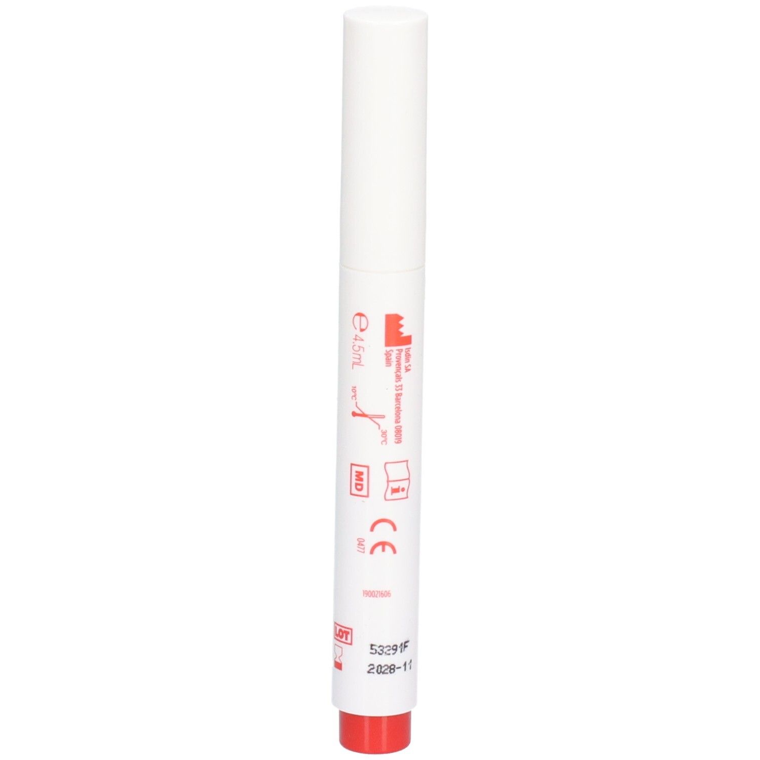 Weißer Stift mit roter Spitze. Aufschrift und weitere Informationen.