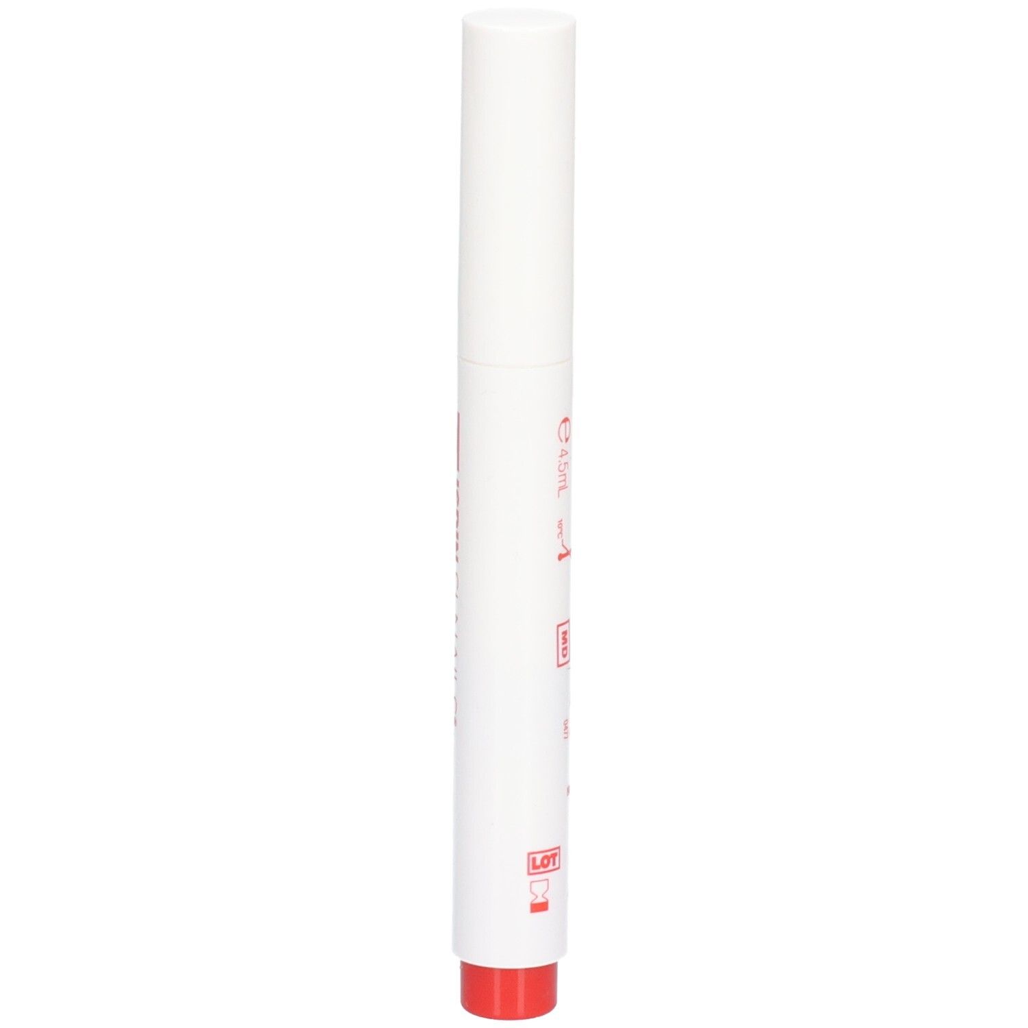 Weißer Stift mit roter Spitze. Aufschrift und weitere Informationen.