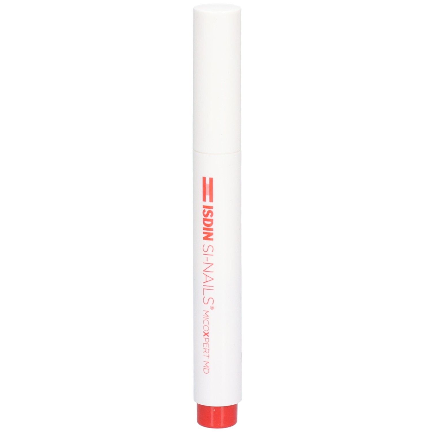 Weißer Stift mit roter Spitze. Aufschrift: ISDIN Si-Nails MicoXpert MD.