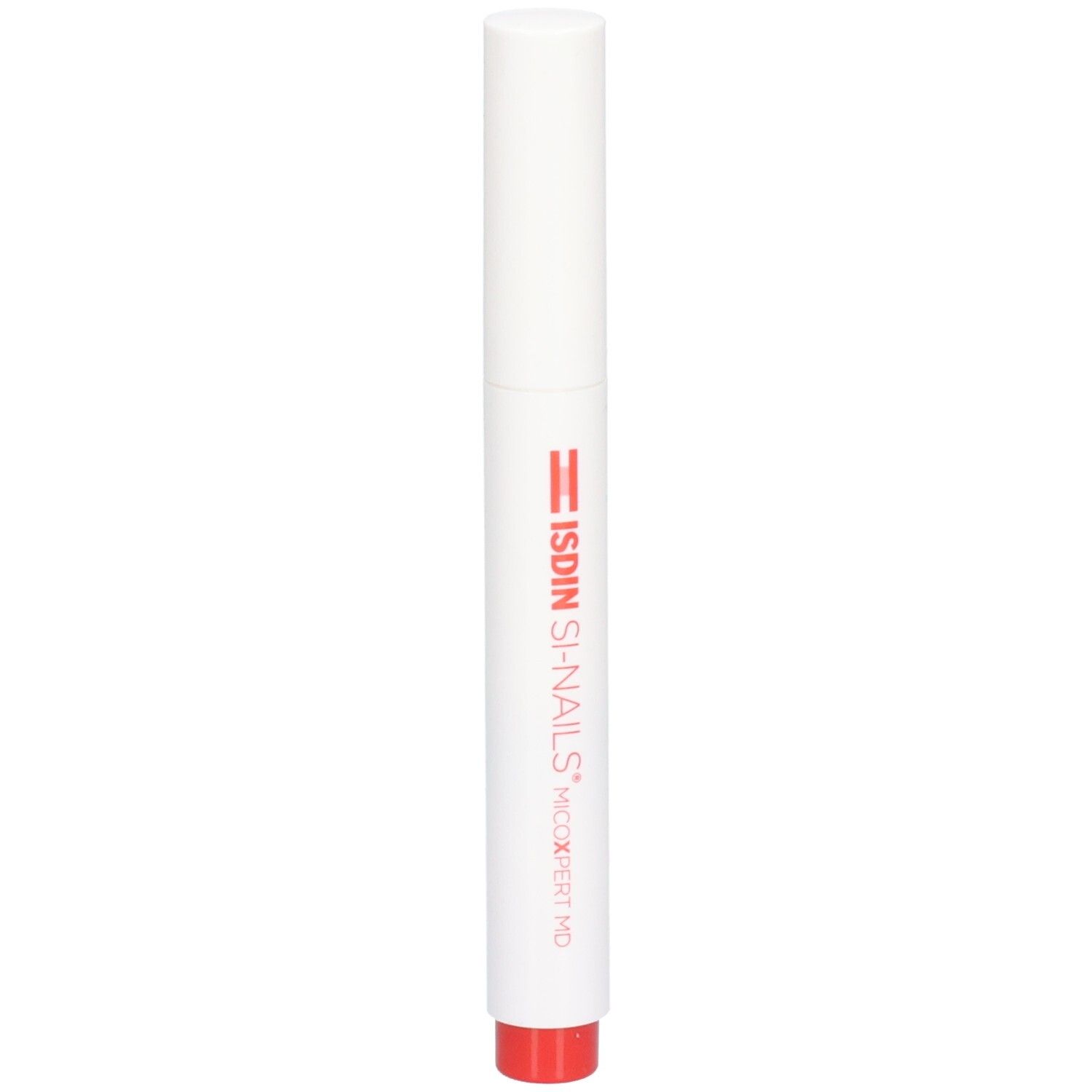 Weißer Stift mit roter Spitze. Aufschrift: ISDIN Si-Nails MicoXpert MD.