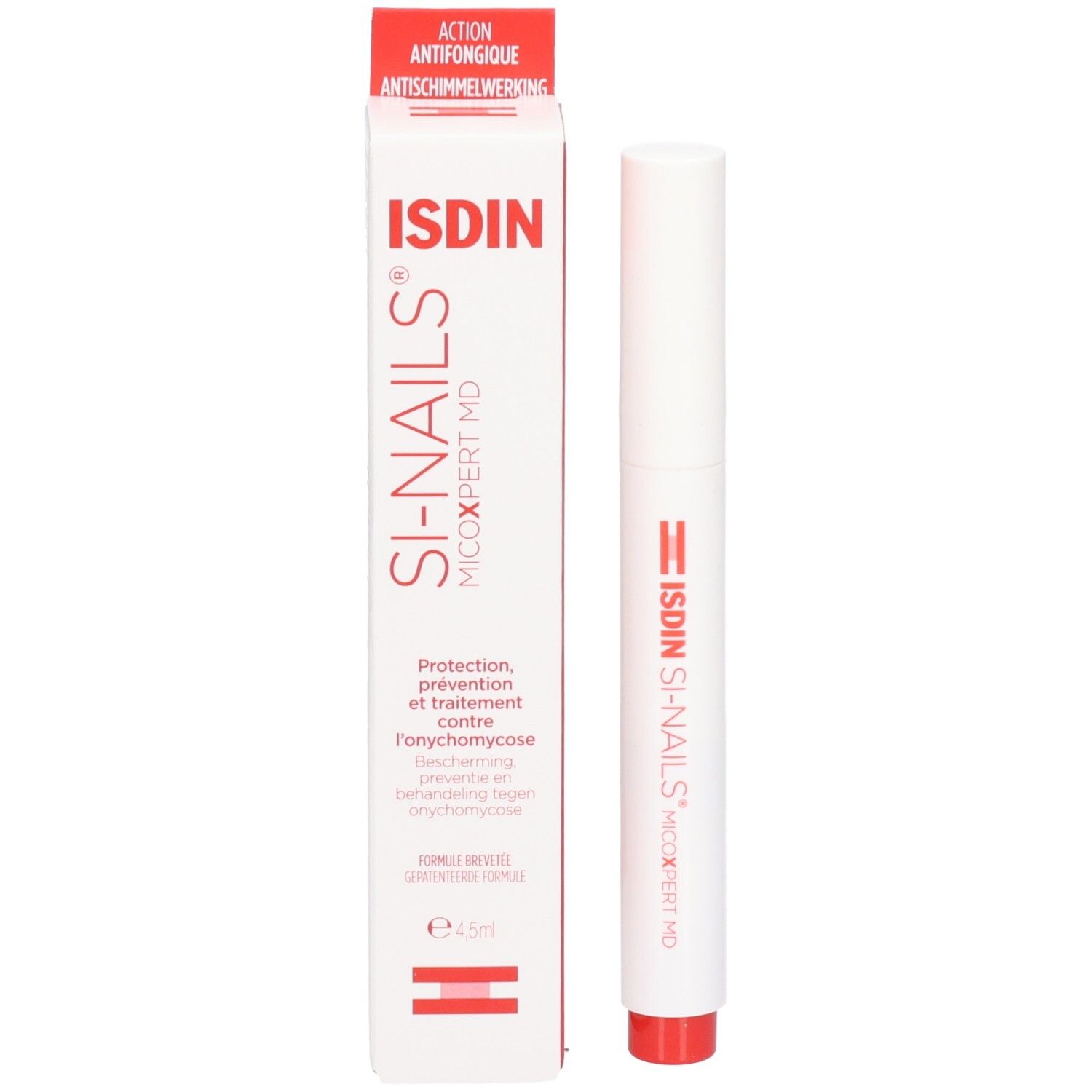 Produktverpackung und Stift. Aufschrift: ISDIN Si-Nails MicoXpert MD.