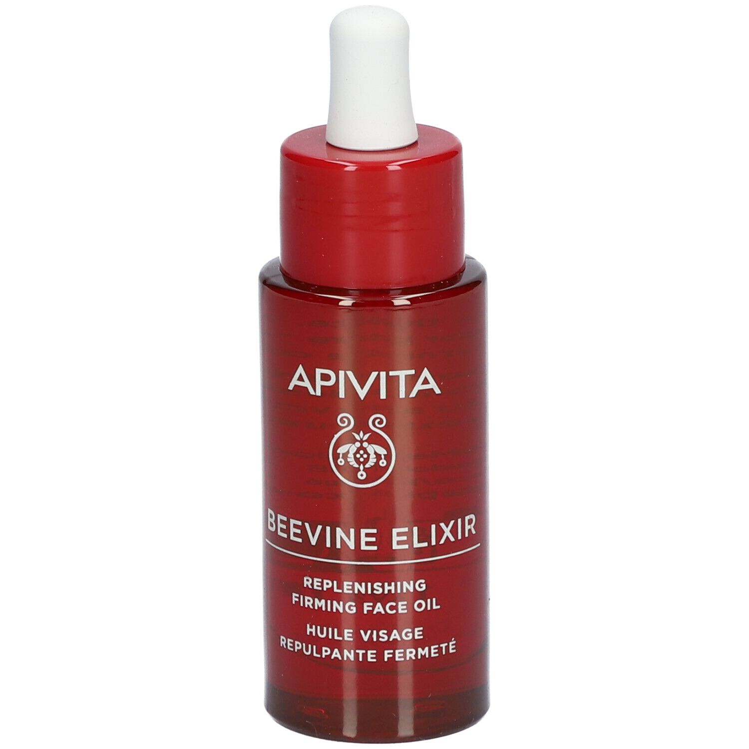 Rote Flasche mit weißem Tropfer. Aufschrift: APIVITA BEEVINE ELIXIR. Gesichtspflegeöl.