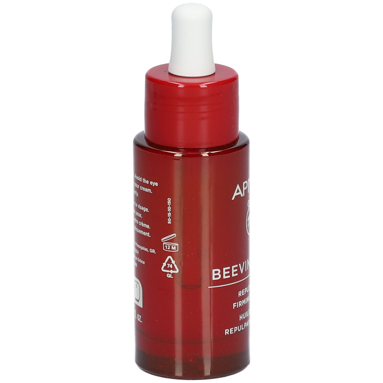 Rote Flasche mit weißem Tropfer. Aufschrift: APIVITA BEEVINE ELIXIR. Gesichtspflegeöl.