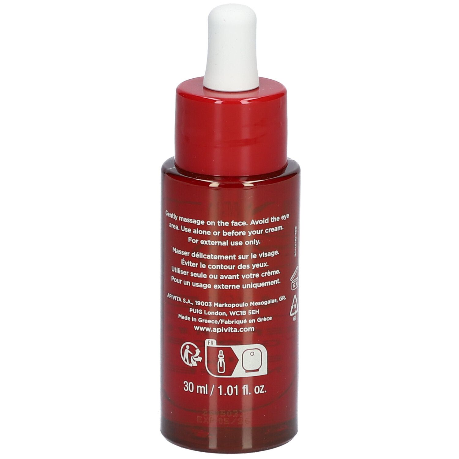 Rote Flasche mit weißem Tropfer. Aufschrift: APIVITA BEEVINE ELIXIR. Gesichtspflegeöl.