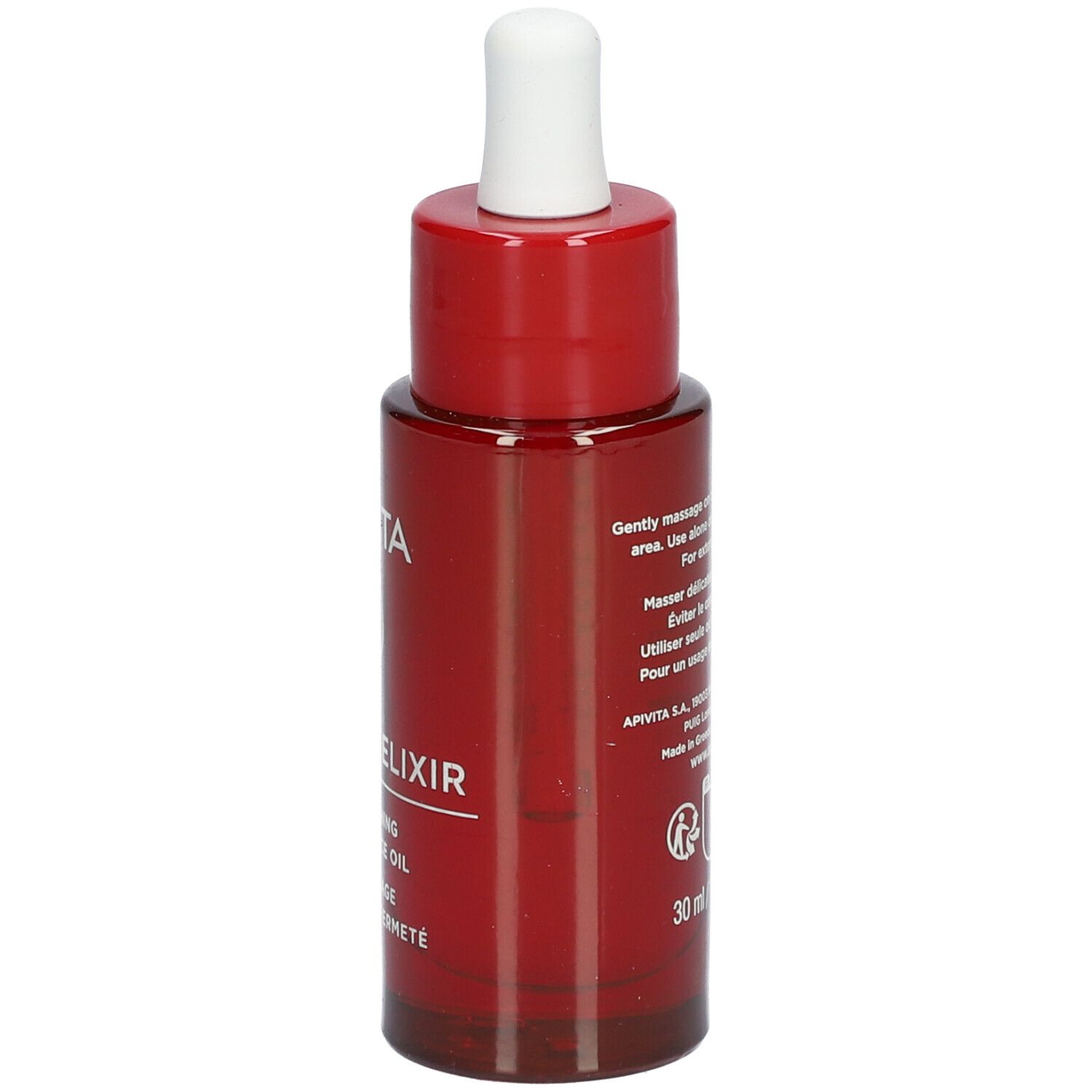 Rote Flasche mit weißem Tropfer. Aufschrift: APIVITA BEEVINE ELIXIR. Gesichtspflegeöl.