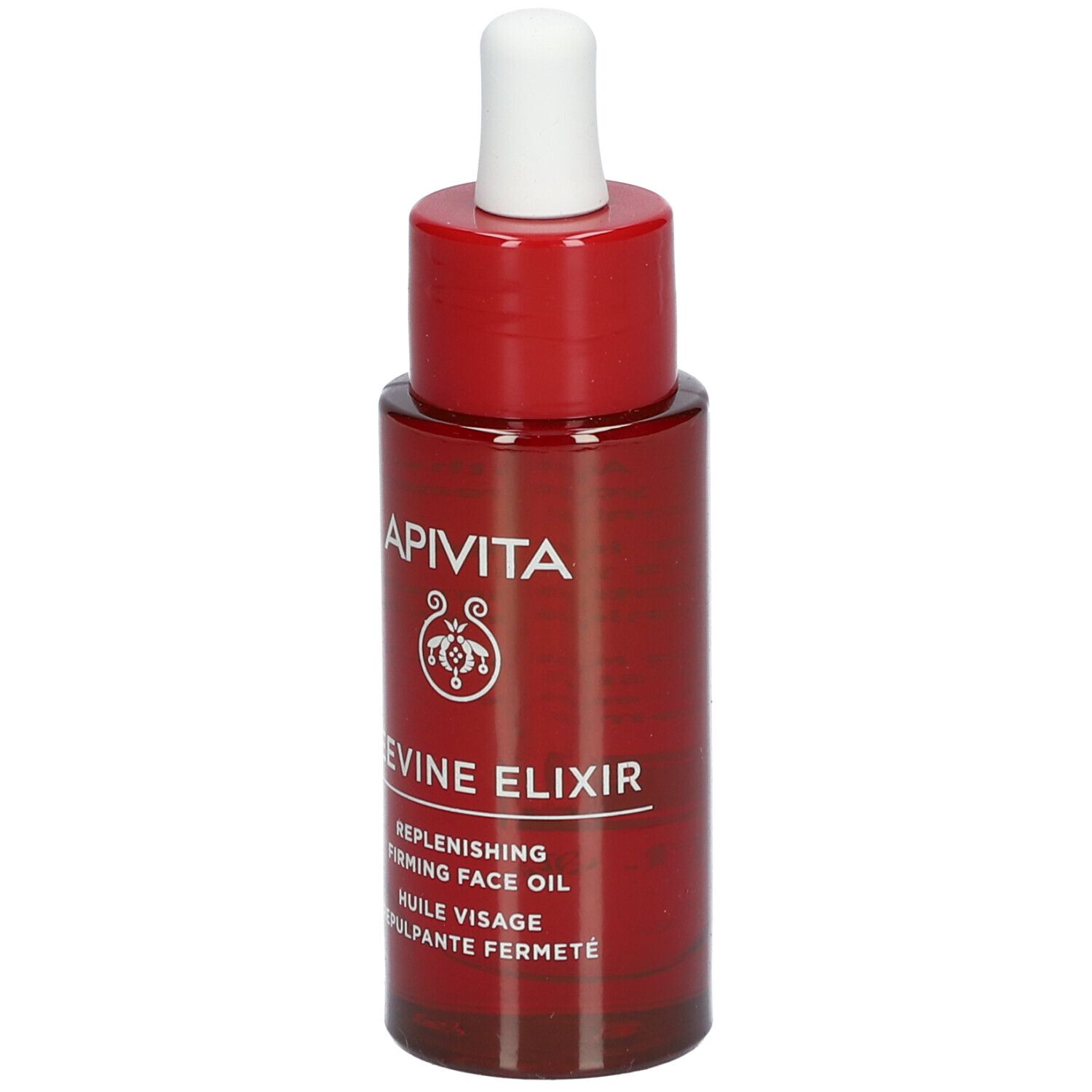 Rote Flasche mit weißem Tropfer. Aufschrift: APIVITA BEEVINE ELIXIR. Gesichtspflegeöl.