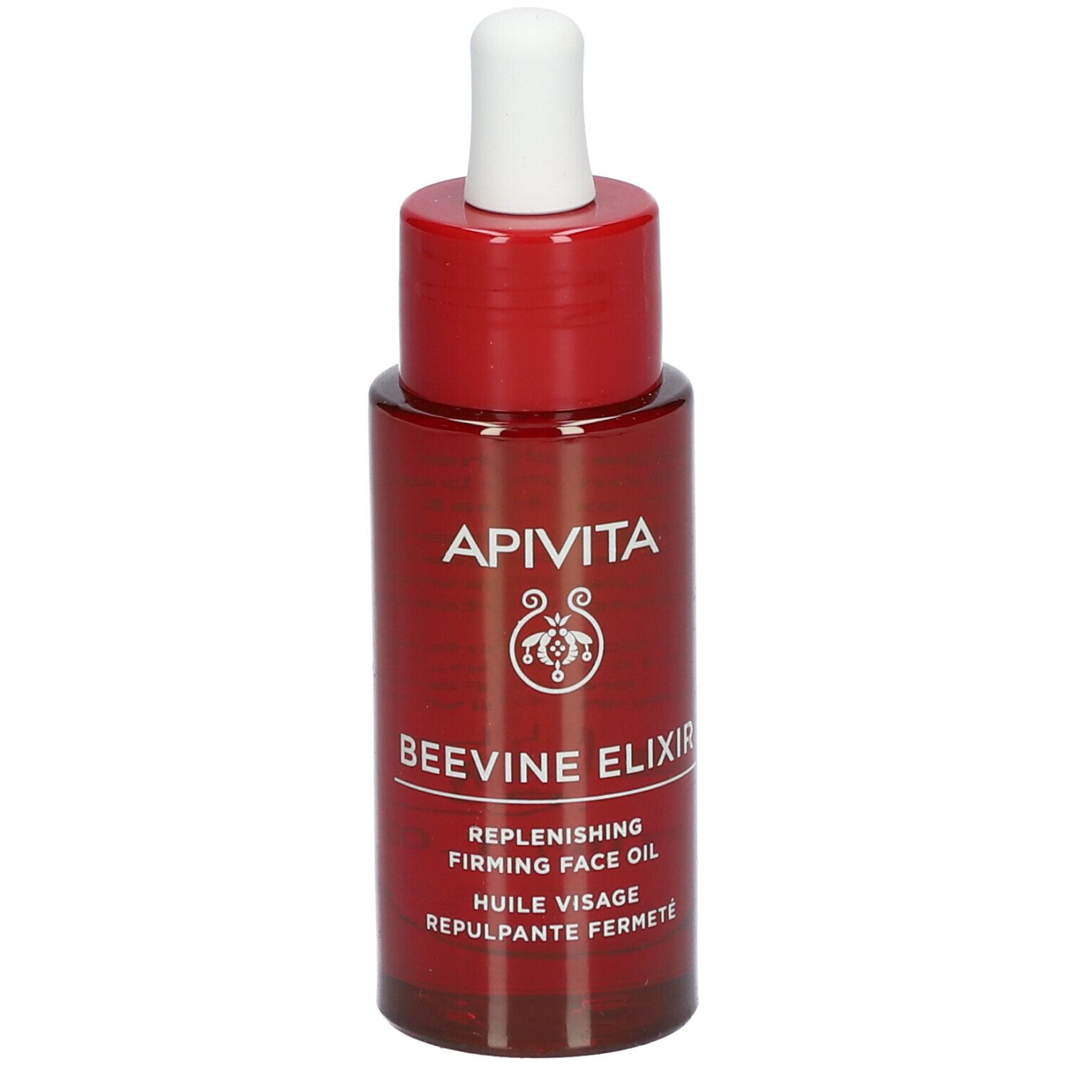 Rote Flasche mit weißem Tropfer. Aufschrift: APIVITA BEEVINE ELIXIR. Gesichtspflegeöl.