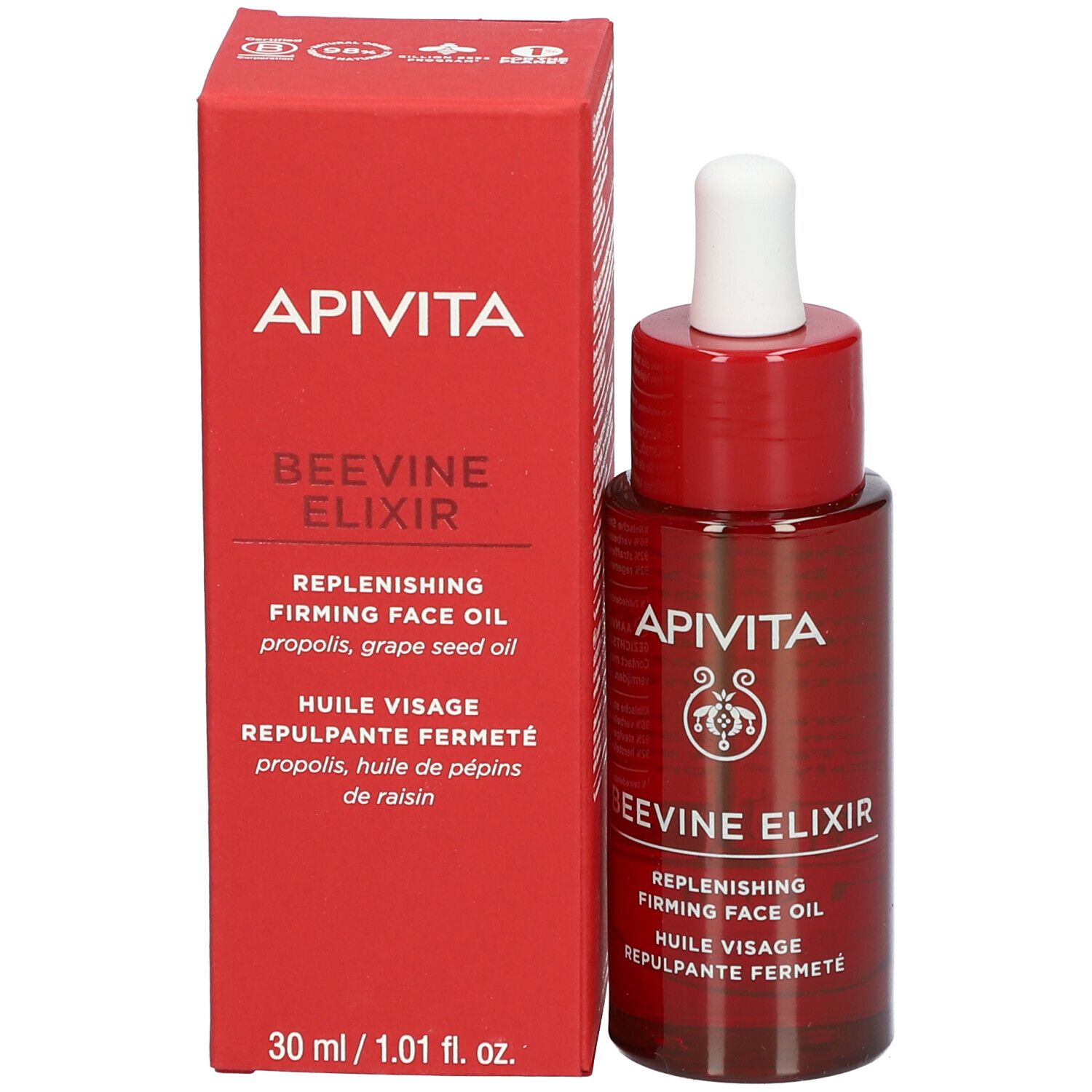 Rote Flasche mit weißem Tropfer. Aufschrift: APIVITA BEEVINE ELIXIR. Gesichtspflegeöl.