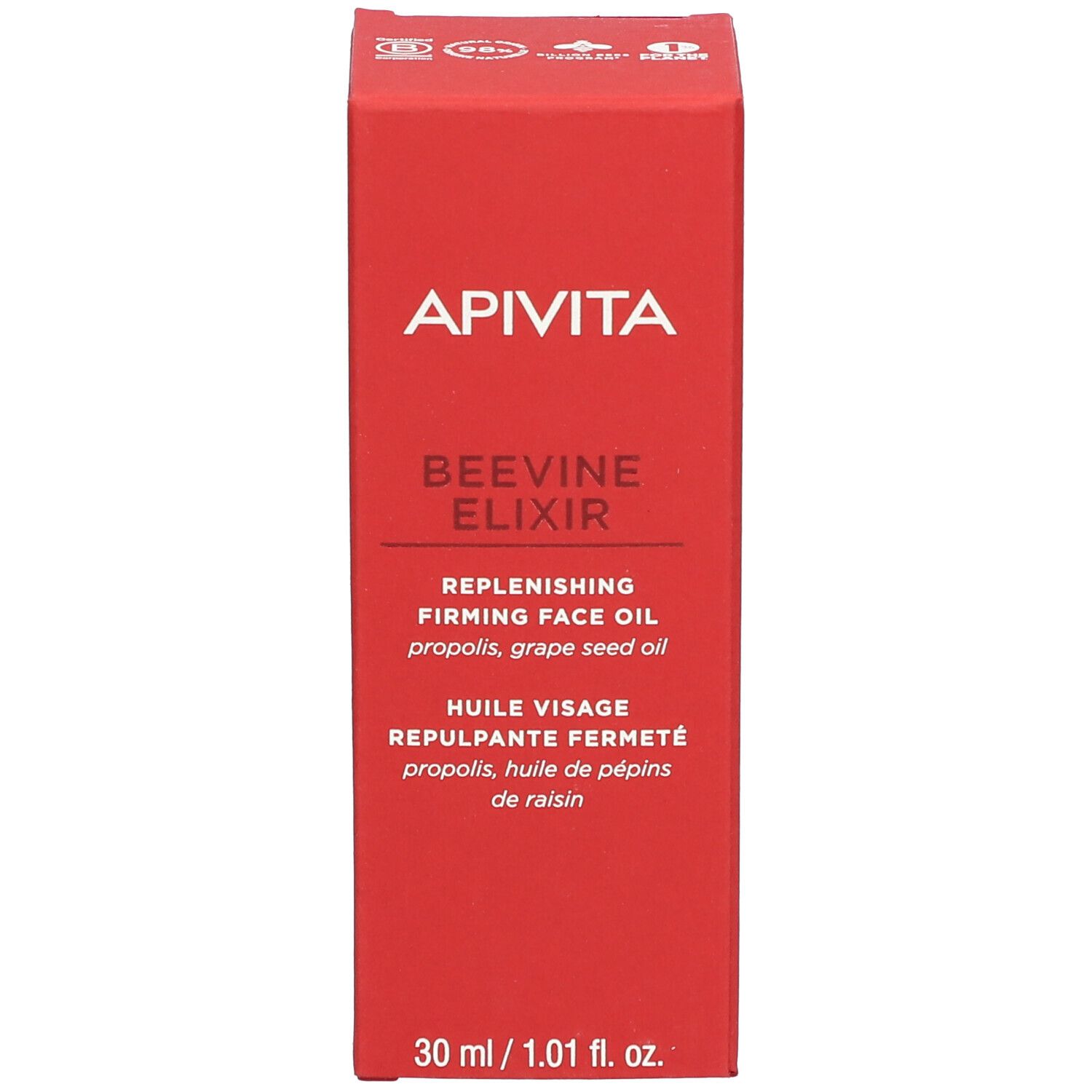 Rote Flasche mit weißem Tropfer. Aufschrift: APIVITA BEEVINE ELIXIR. Gesichtspflegeöl.