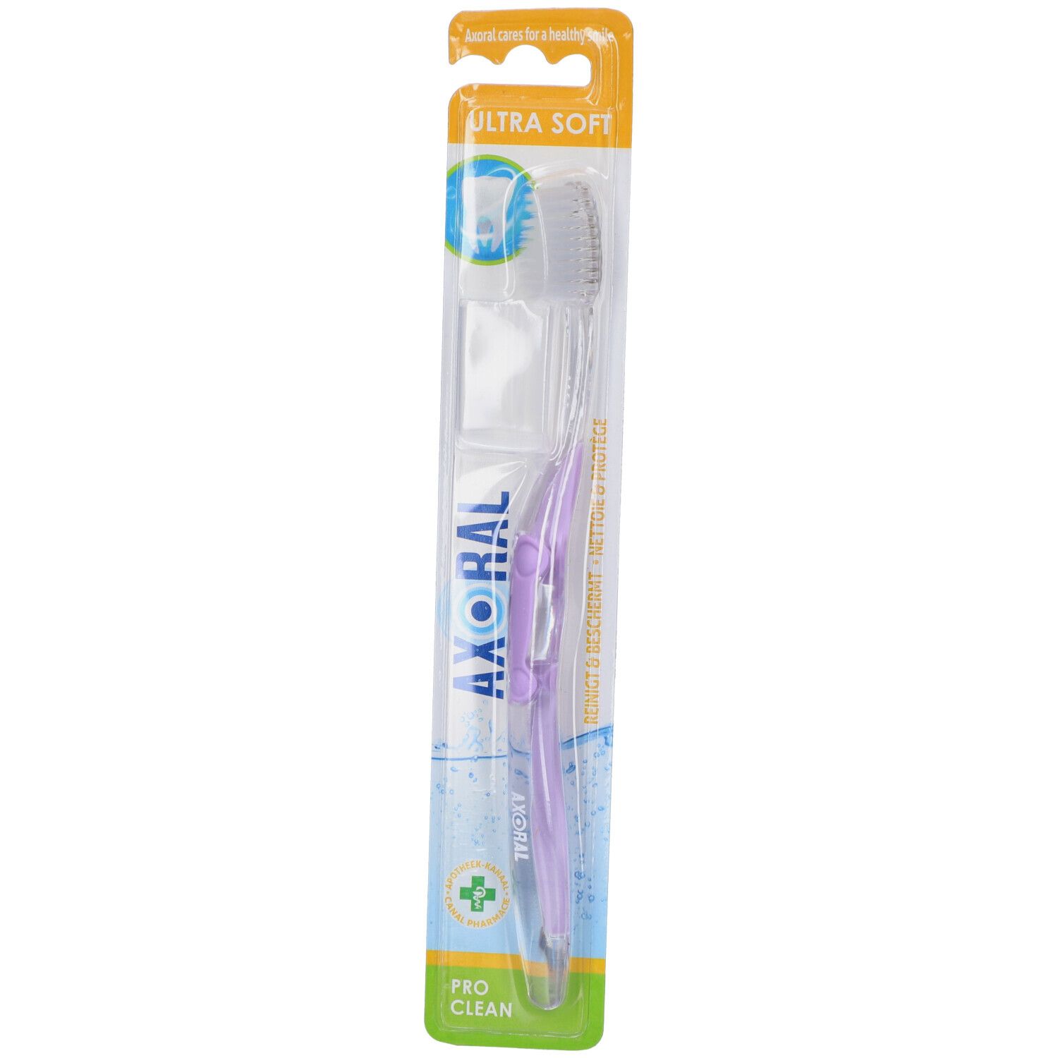 Zahnbürste in Verpackung. Lila Griff, weißer Bürstenkopf. "Ultra Soft" und "Axoral" Schriftzug.