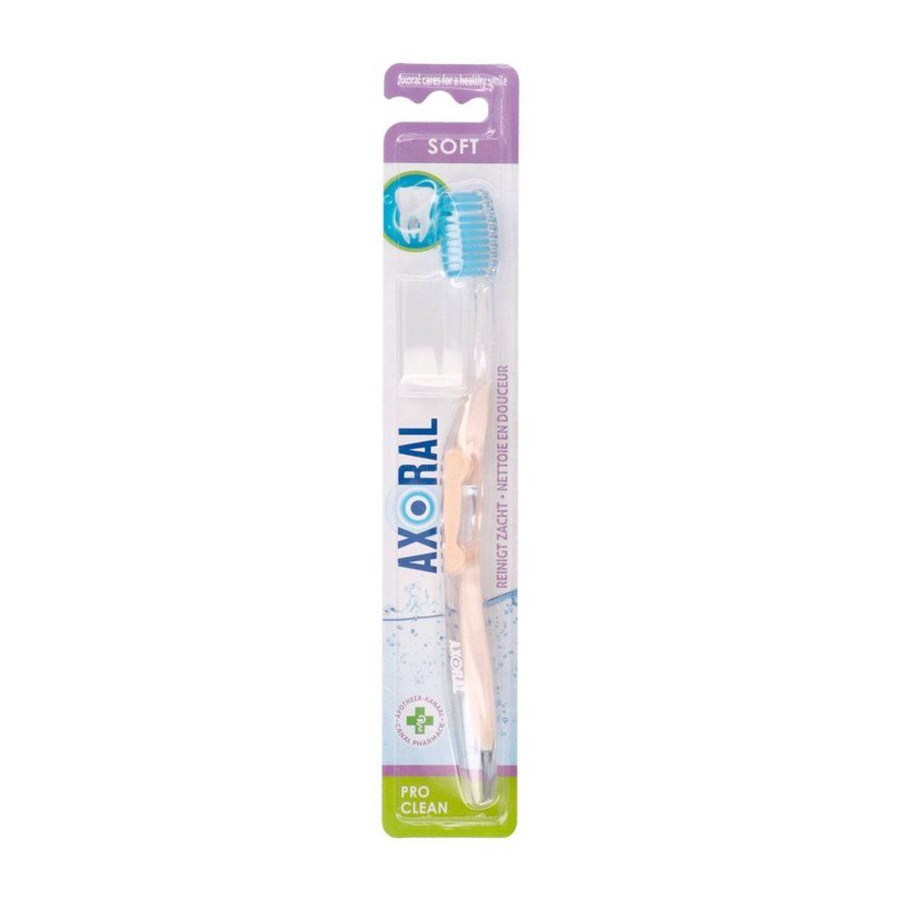 Brosse à dents Axoral Pro Clean Soft, tête de brosse bleu-vert, manche transparent, emballage blister.