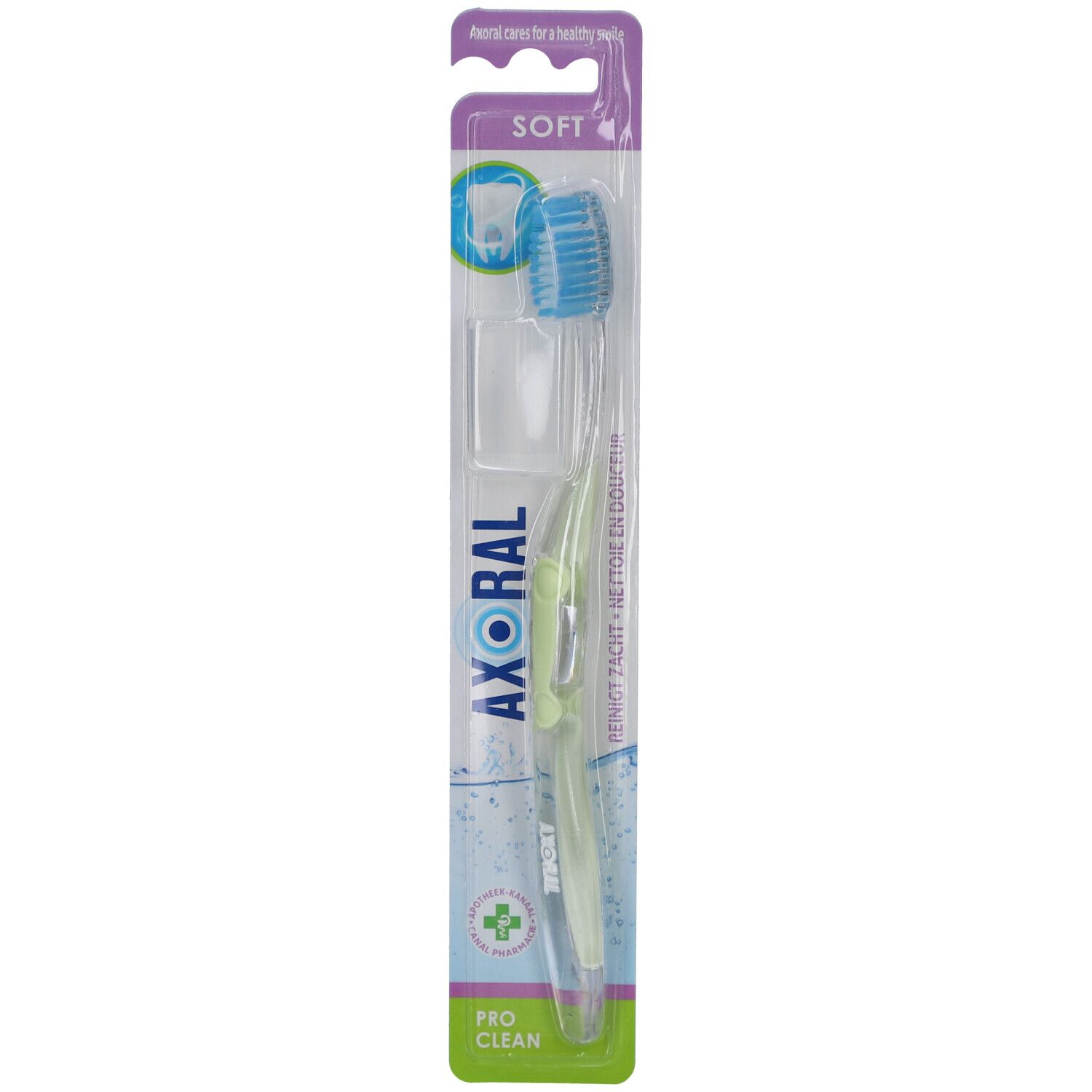 Zahnbürste Axoral Pro Clean Soft, blau-grüner Borstenkopf, transparenter Griff, in Blisterverpackung.