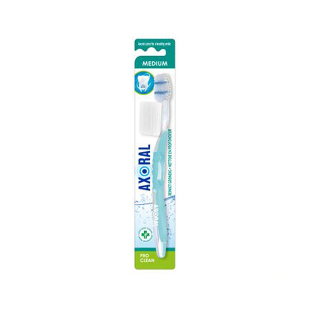 Brosse à dents emballée. Manche bleu, poils transparents. Marque : Axoral, Medium. Pro Clean.