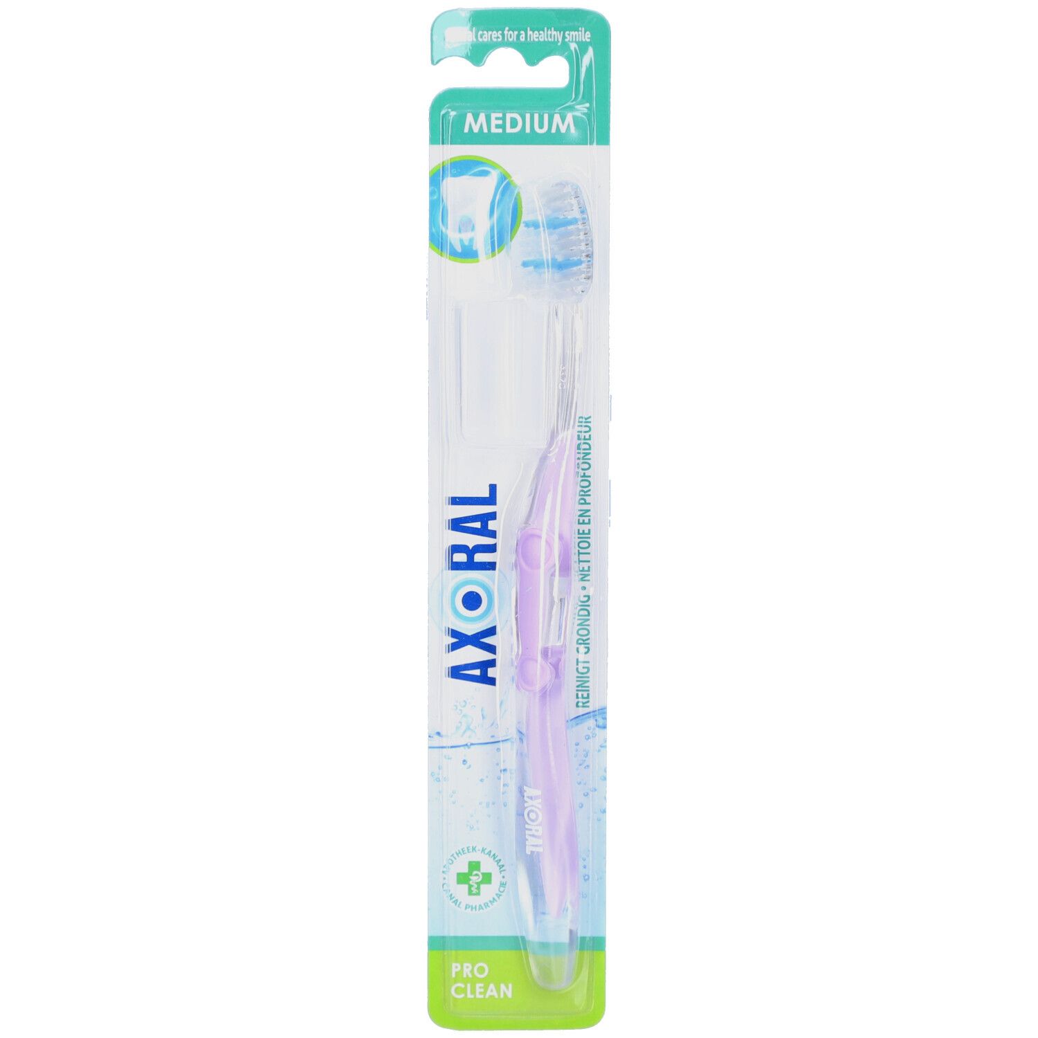 Zahnbürste in Verpackung. Lila Griff, transparente Borsten. Marke: Axoral, Medium. Pro Clean.