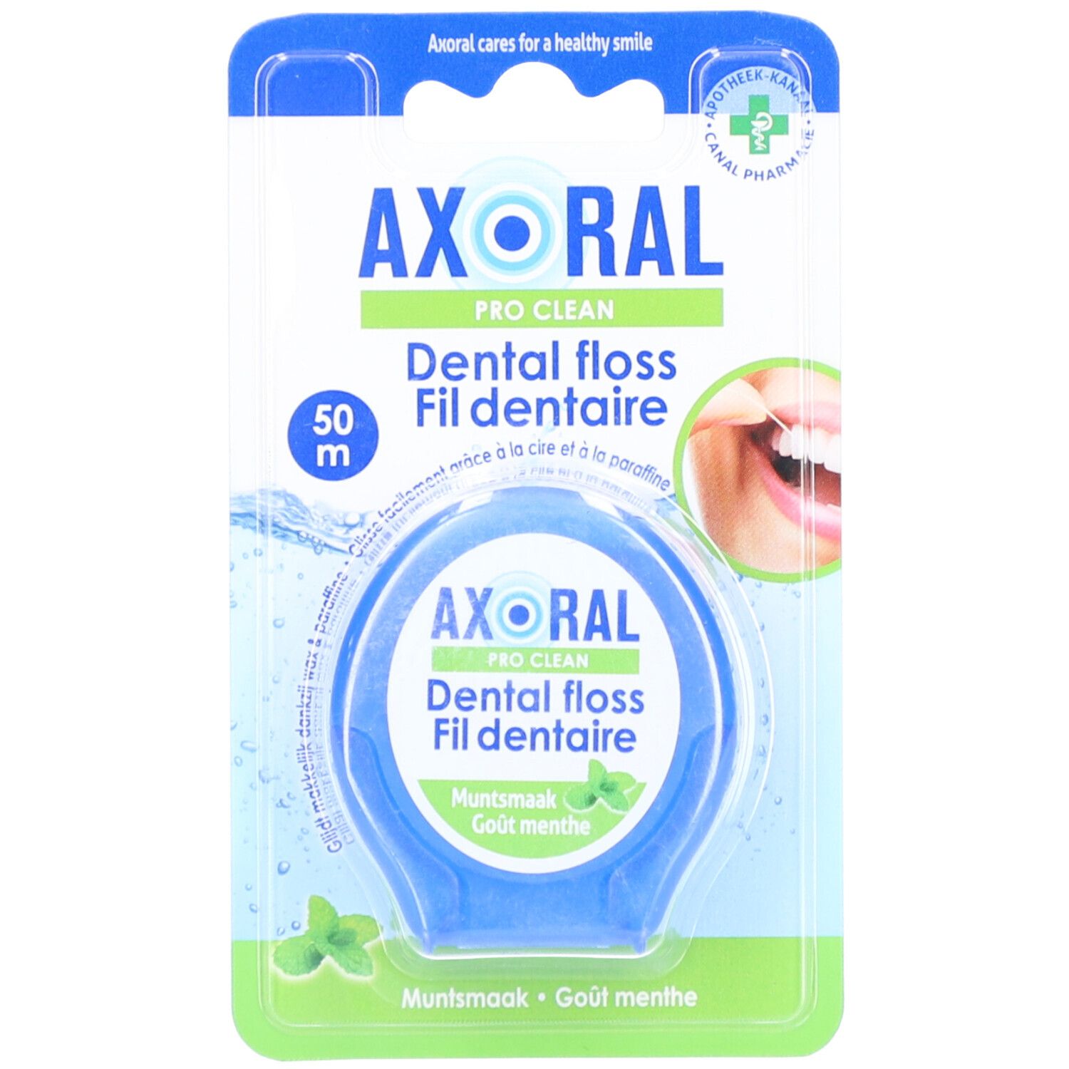 Blaues Axoral Pro Clean Zahnseide-Paket. Enthält eine Rolle Zahnseide, 50 m. Mint-Geschmack. Apotheken-Logo.