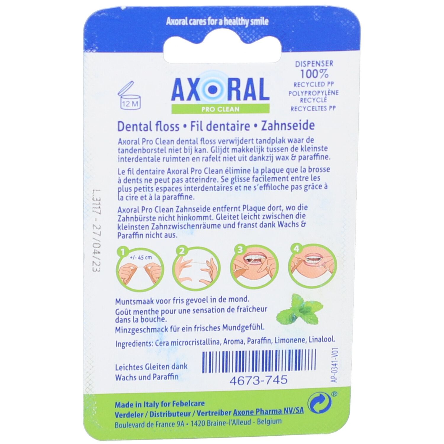 Rückseite der Axoral Pro Clean Zahnseide-Verpackung. Text in Deutsch, Französisch und Niederländisch. Illustrationen zur Anwendung.