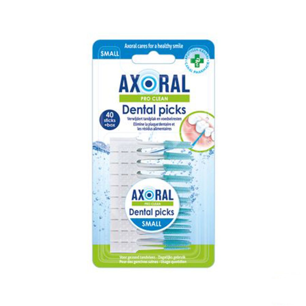 Axoral Pro Clean Dental Picks Small. Emballage blister avec 40 cure-dents. Cure-dents bleus et blancs dans un support transparent. Texte: "Dental picks".