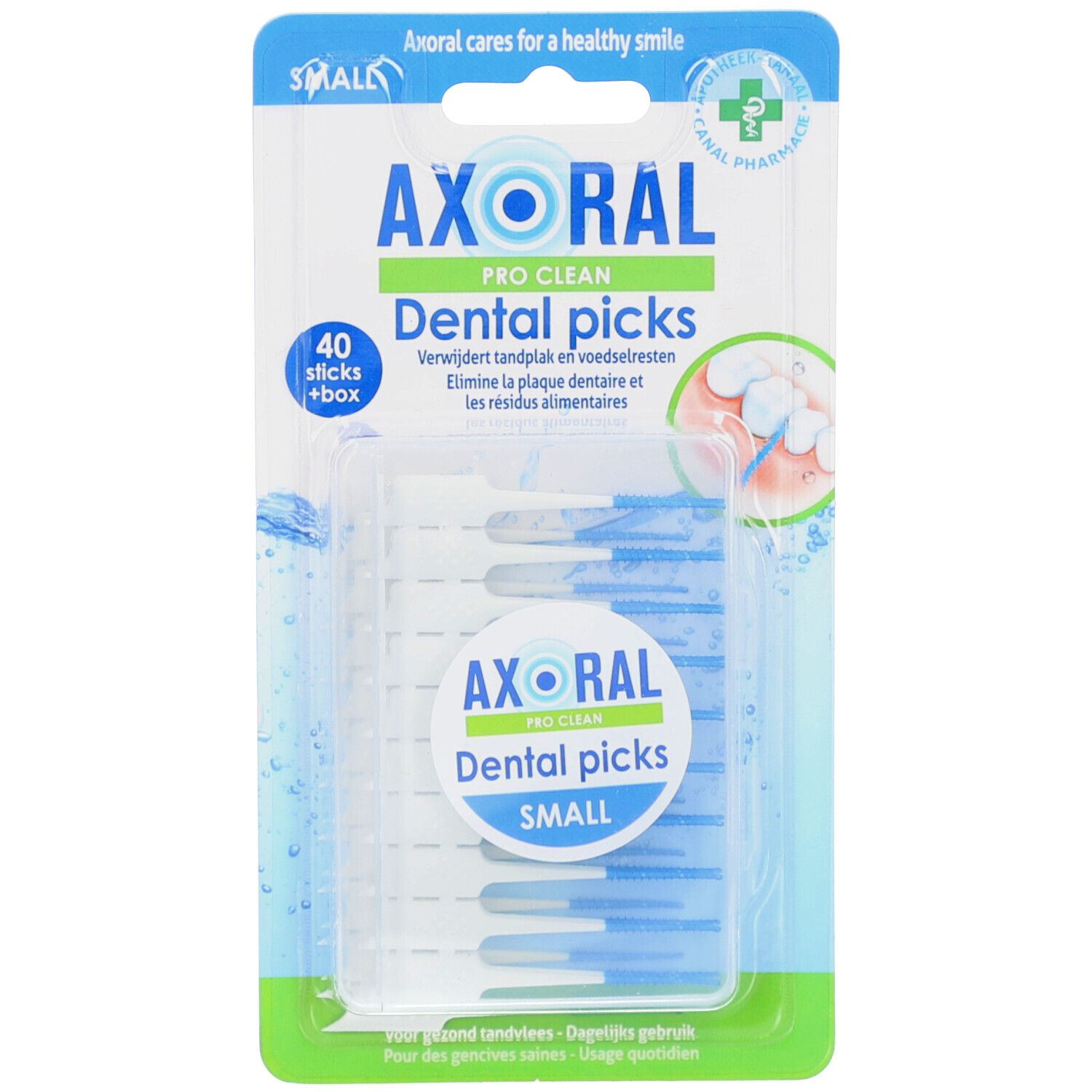 Axoral Pro Clean Dental Picks Small. Blisterverpackung mit 40 Picks. Blaue und weiße Picks in einer transparenten Halterung. Text: "Dental picks".