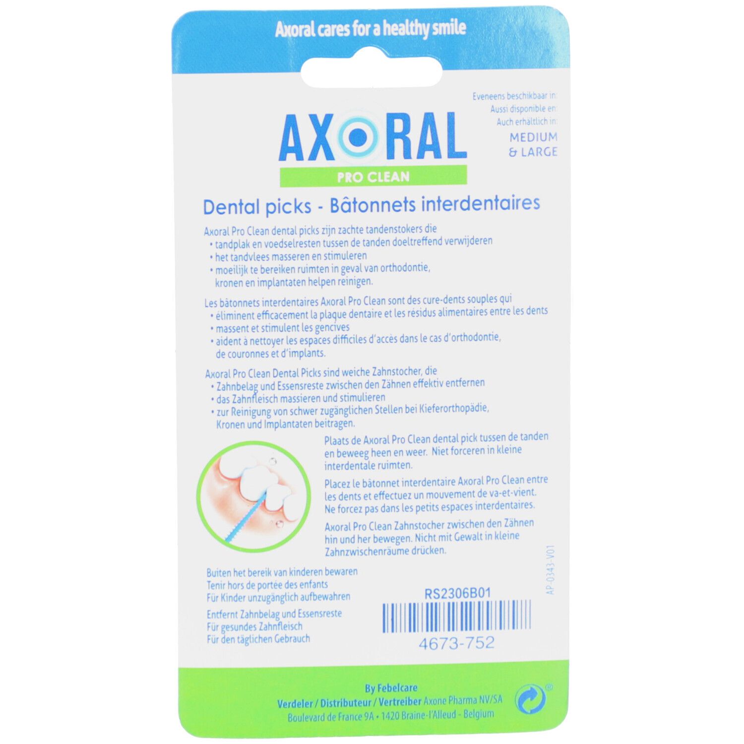 Rückseite der Axoral Pro Clean Dental Picks Verpackung. Text in mehreren Sprachen. Illustration eines Zahns mit einem Zahnstocher.