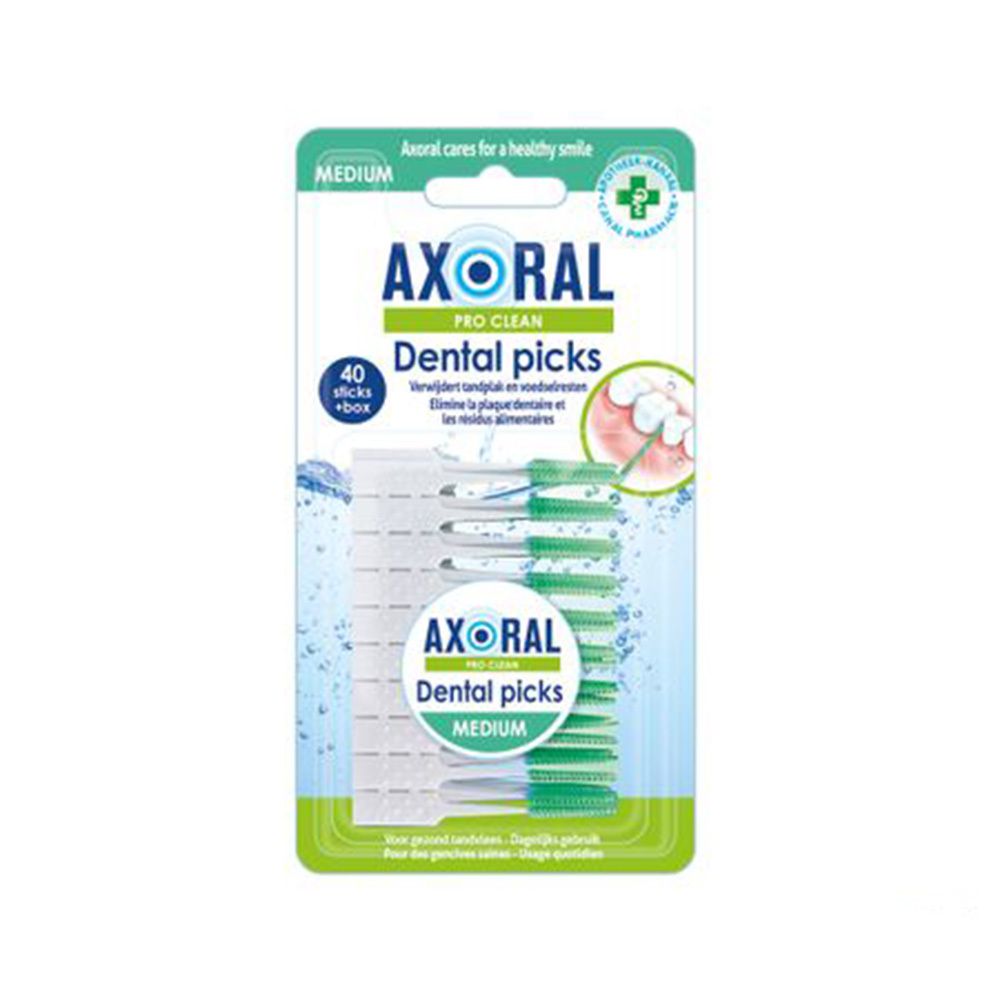 Axoral Pro Clean Dental Picks, Medium. Paquet de 40 bâtonnets et boîte. Soies vertes, emballage transparent. Texte: "Axoral Pro Clean Dental Picks".