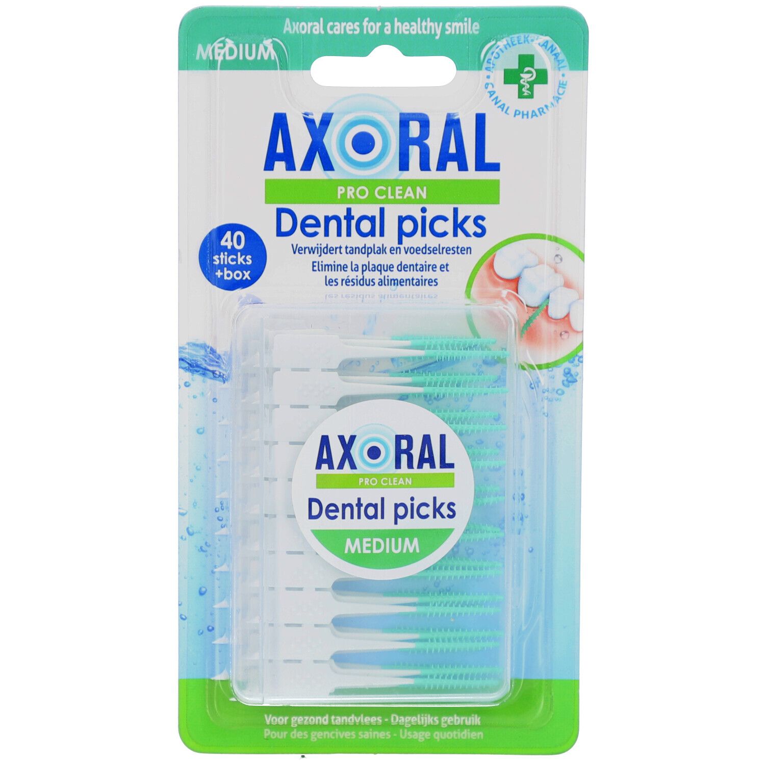 Axoral Pro Clean Dental Picks, Medium. Packung mit 40 Sticks und Box. Grüne Borsten, transparente Verpackung. Text: "Axoral Pro Clean Dental Picks".