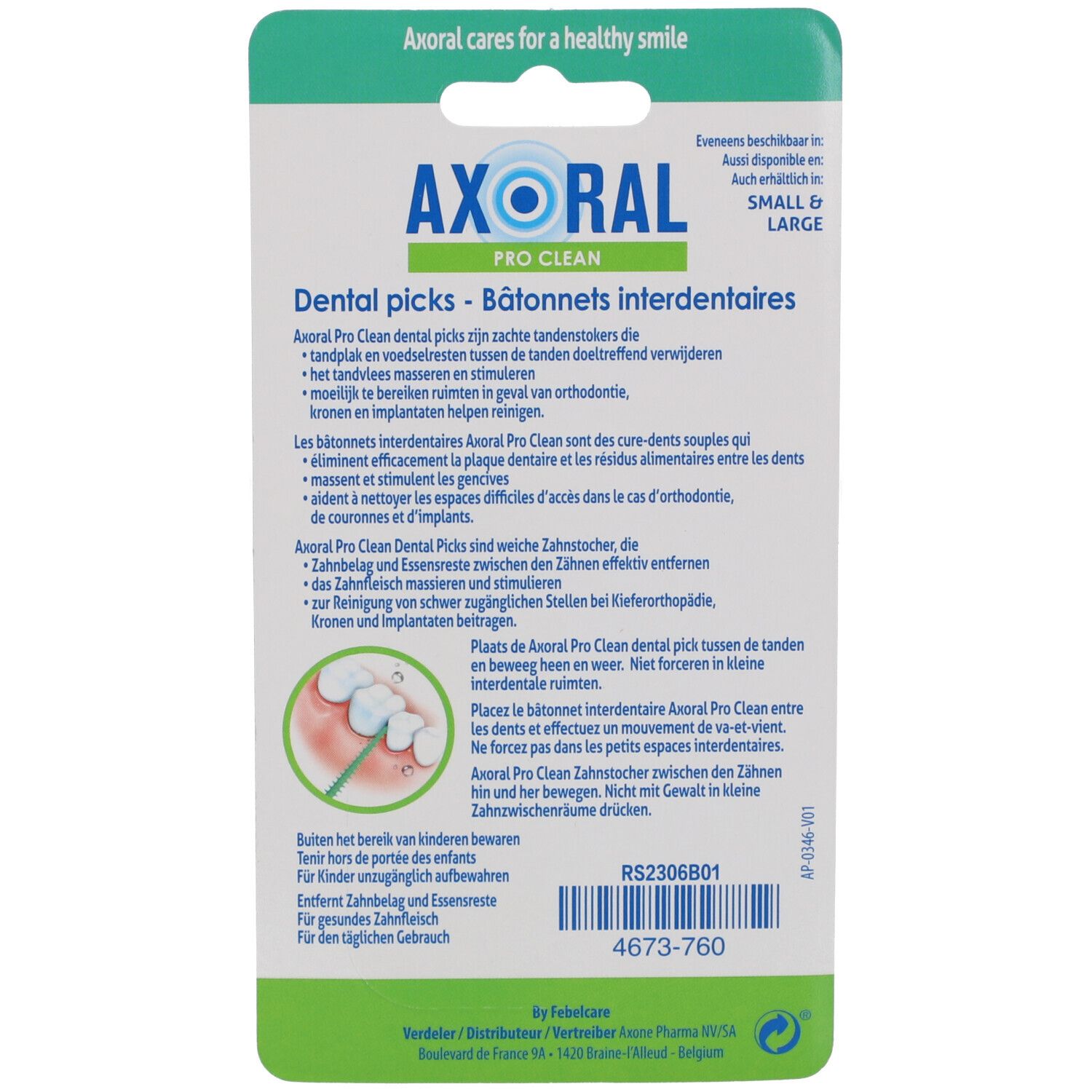 Rückseite der Axoral Pro Clean Dental Picks-Verpackung. Text in Deutsch, Französisch, Niederländisch. Illustration eines Zahns. Text: "Axoral Pro Clean Dental Picks".
