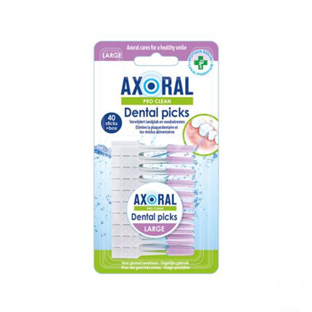 Verpackung mit Axoral Pro Clean Dental Picks. Enthält 40 Stück. Aufschrift: Large. Grün-weißes Design mit Produktlogo und Text.