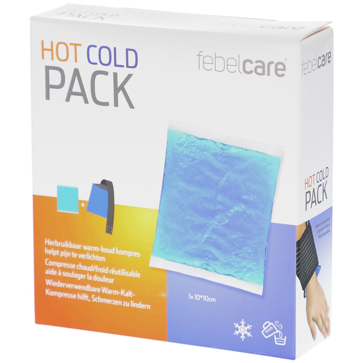 Verpackung mit "HOT COLD PACK" und "febelcare" Logo. Enthält ein blaues Gel-Pack. Auf der Verpackung ist ein Arm mit Bandage abgebildet.