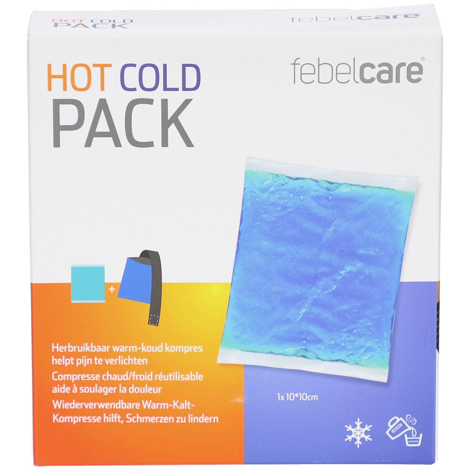 Verpackung "HOT COLD PACK" mit "febelcare" Logo. Enthält ein blaues Gel-Pack. Text: "1x 10*10cm".